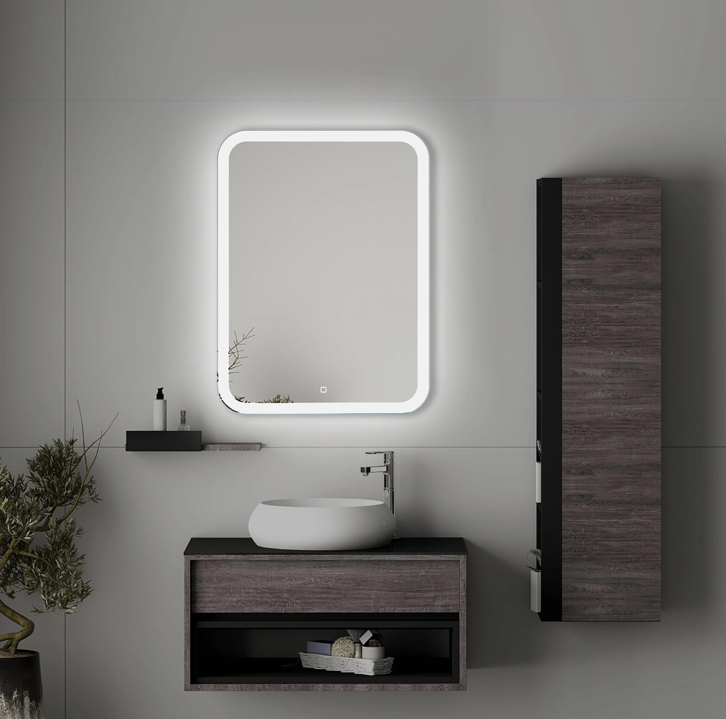 50x70 cm Prostokątne lustro łazienkowe z oświetleniem LED, Podświetlone lustro z włącznikiem, Zaokrąglone prostokątne lustro łazienkowe z naturalnym białym światłem, Podświetlane z przodu