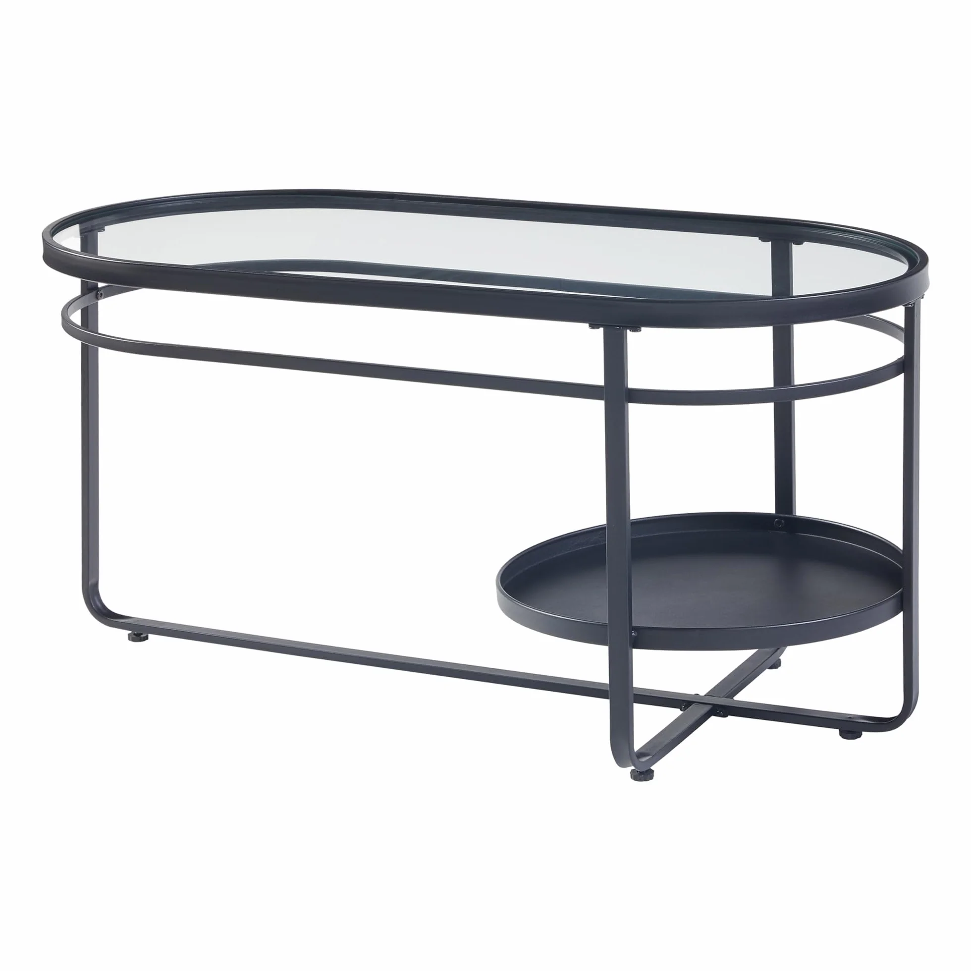 [en.casa] Stolik kawowy Kumla Stół do salonu z dolną półką Stół do sofy owalny Szklany blat czarny Stolik kawowy 90 x 42,5 x 46 cm Metalowa rama