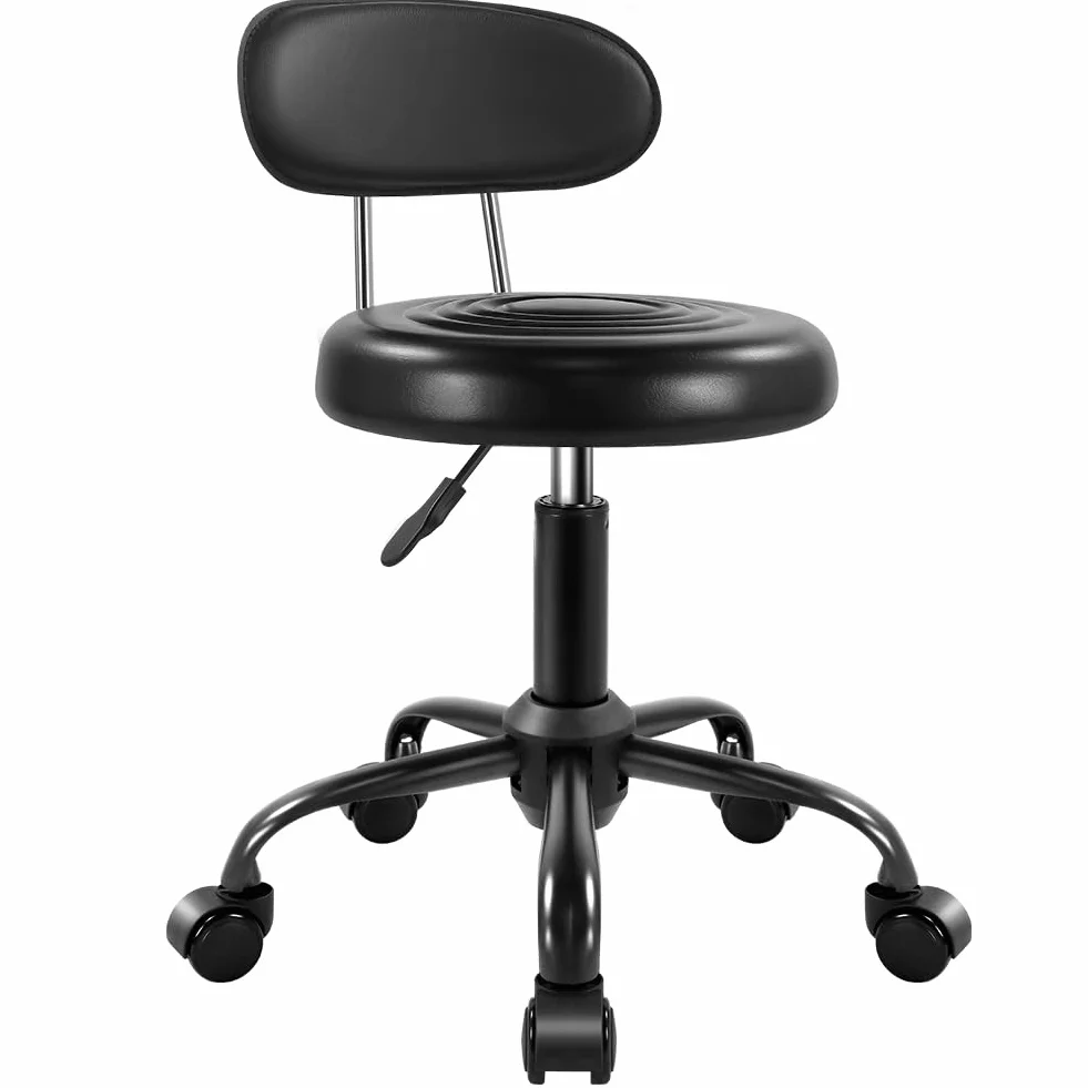 WKWKER Taboret na kółkach z kółkami, taboret obrotowy z oparciem z regulacją wysokości, taboret na kółkach ze skóry PU, idealny do salonu SPA, prac rysunkowych w domu (czarny)