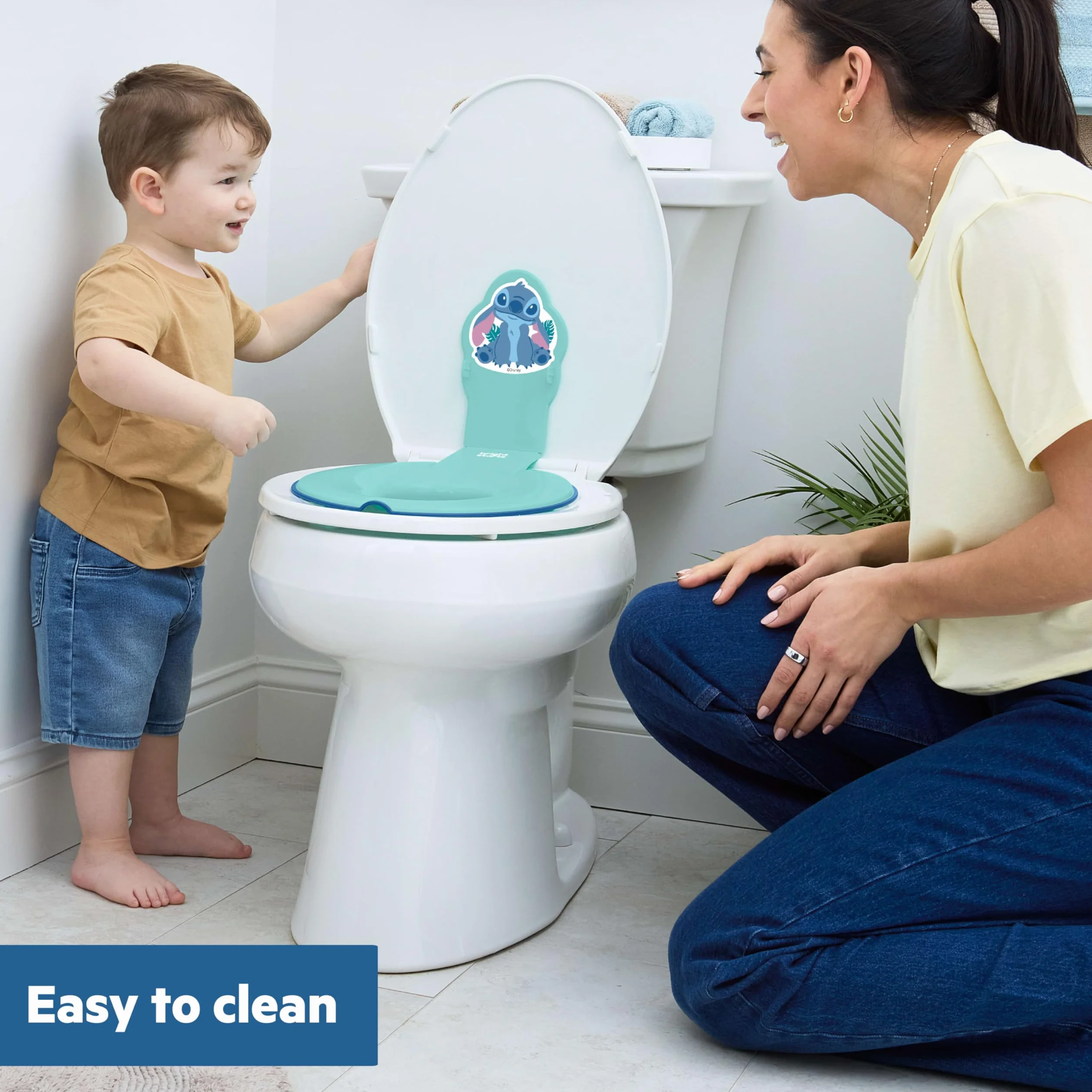 Bright Starts Disney Baby Stitch Flip & Sit Nocnik, bezpiecznie mocuje się do toalety, oszczędzający miejsce design pasuje do większości toalet, łatwy do czyszczenia