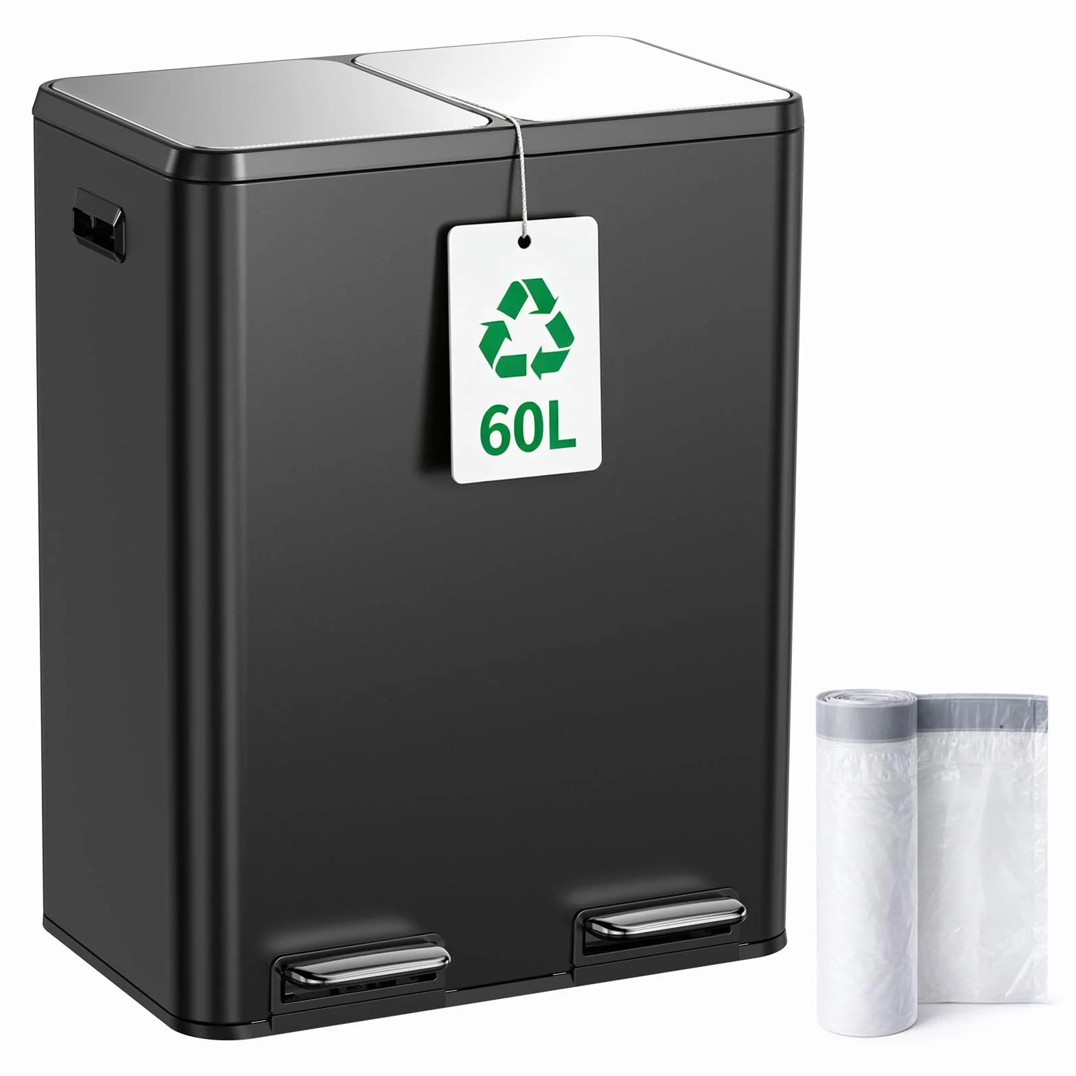 YEAUPE PRO Kosz na śmieci kuchenny 60L, 2x30L, czarny, ze stali nierdzewnej, podwójny kosz pedałowy do segregacji odpadów, pokrywa Soft Close, wyjmowane wiadra, 15 worków