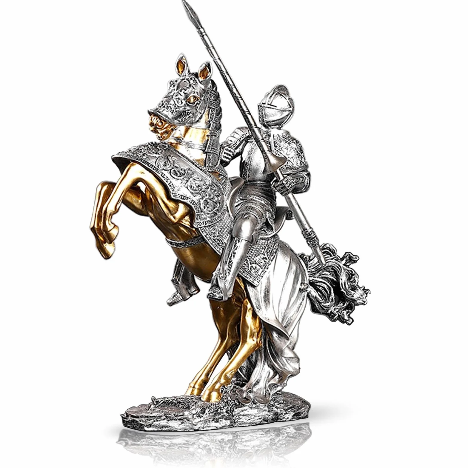 dekoracja biurka rycerz brązowy koń wojenny statuetka wojownika figurka 42 cm kolekcja legendarna średniowieczna rzeźba rycerza, szermierz strażnik wojownik, figurka artystyczna kolekcja prezentów dla