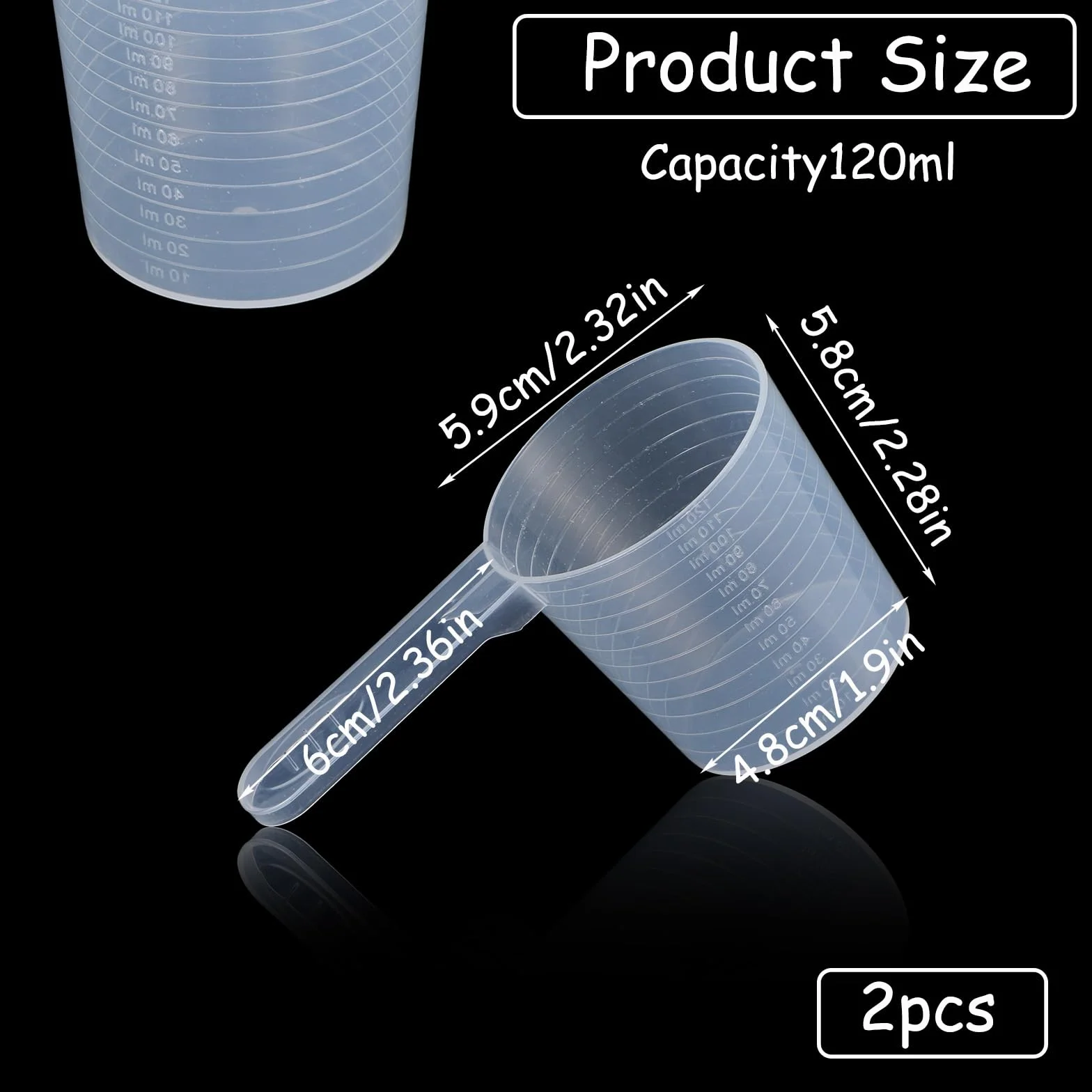 Zestaw 2 kubków z miarką z tworzywa sztucznego, małe mini kubki z miarką 120 ml, małe proszki do prania, przezroczyste, precyzyjne kubki pomiarowe ze skalą do mycia w kuchni, laboratorium, gotowaniu