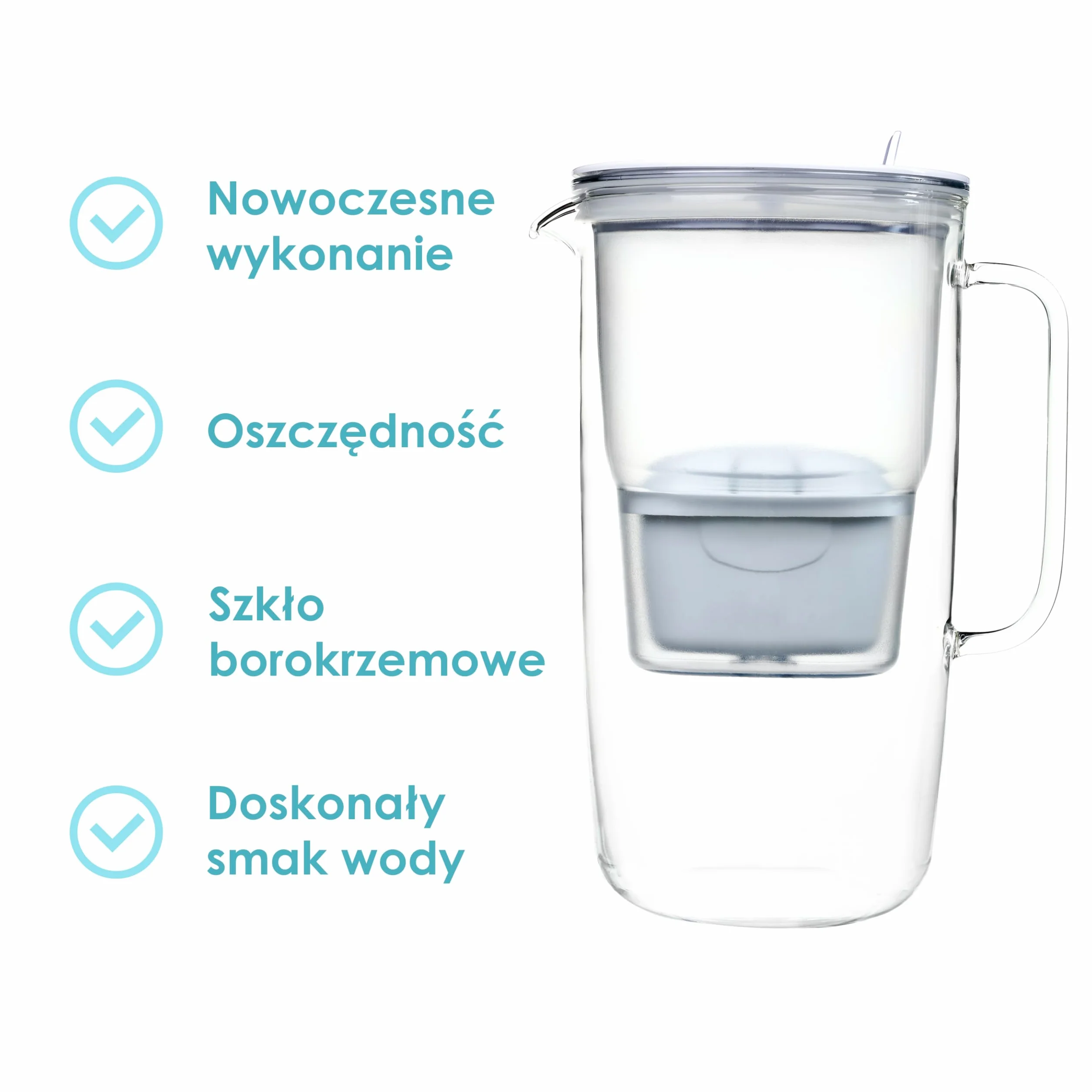 Aqualogis Etiuda 2.9L | Premium Szklany Dzbanek Filtrujący Wodę | z 1 Wkładem Pure+ | Biały | Redukuje nieprzyjemny zapach i smak
