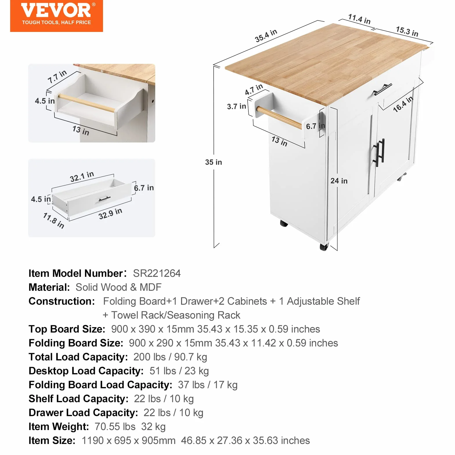 VEVOR Centralna wyspa 90 x 39 cm deska kuchenna z kółkami 1 szafka z 1 szufladą Szafka kuchenna z drewnianą deską roboczą 90x29 cm Uchwyt na przyprawy Wieszak na ręczniki do przechowywania Bar Kuchnia