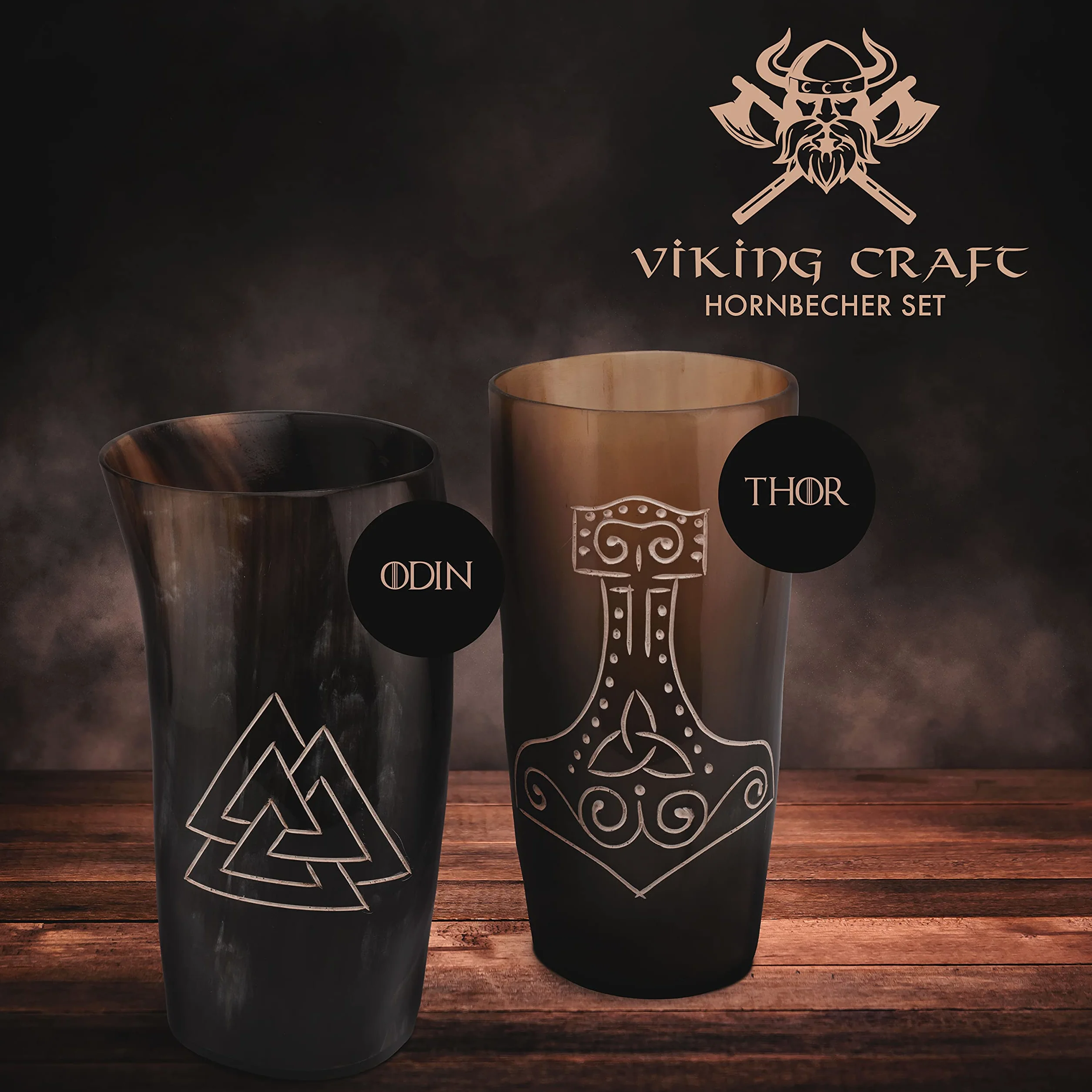 VIKING CRAFT® Kubek z rogiem Wikingów 2 x ok. 350 ml – duży kubek dla Wikingów Met miód miodowy – dekoracja Wikingów, kubek z miodu pitnego, zestaw rogów, średniowieczny kufel do piwa, LARP