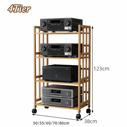 4-poziomowa szafka stereo z kółkami – AV Media Tower stojak na audio do kina domowego i stojak do przechowywania płyt CD dla optymalnych domowych systemów stereo, rozrywki