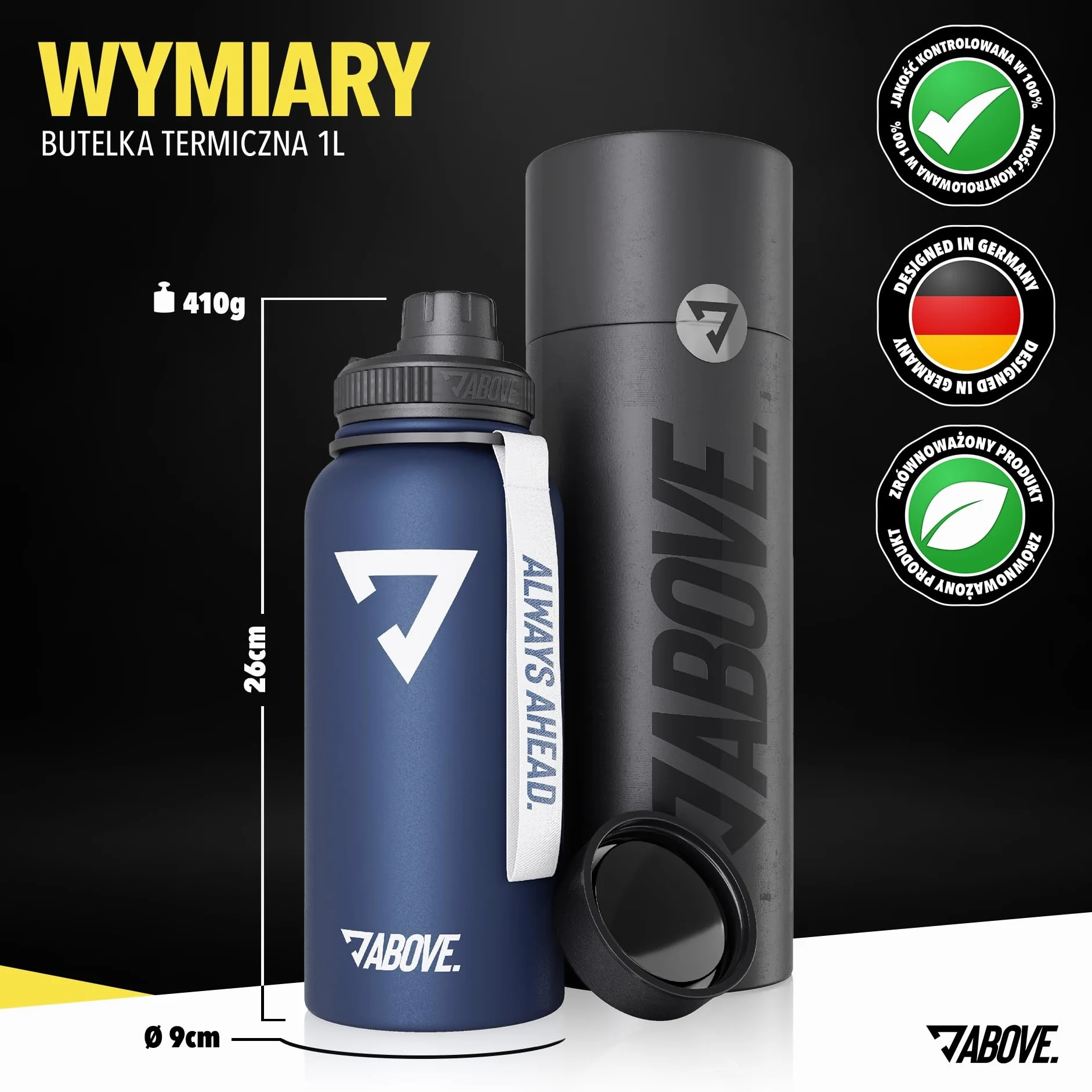ABOVE. Butelka ze stali nierdzewnej 950ml, 2 nakrętki do picia, termos o podwójnych ściankach utrzymuje ciepło do 12 godzin i zimno do 24 godzin, 100% wolna od BPA, dla sportu i camping (Niebieski)