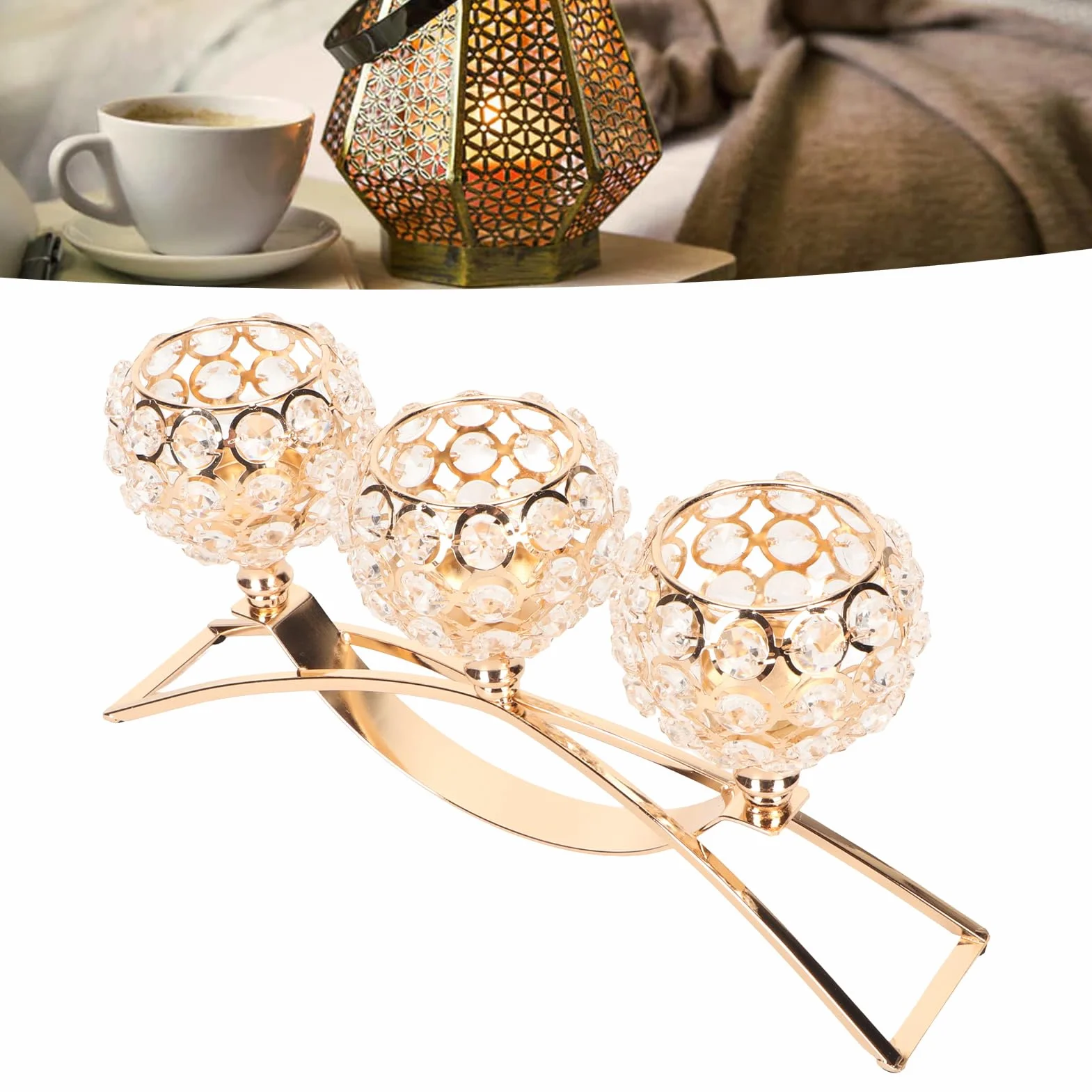 Gold Crystal Candle Holders, 3 Ramiona Kryształowa Miska Tealight Candelabra, Wiatroodporna Konstrukcja, Szeroka Podstawa do Stolika Centralnego Wystroju Domu ślub ślub