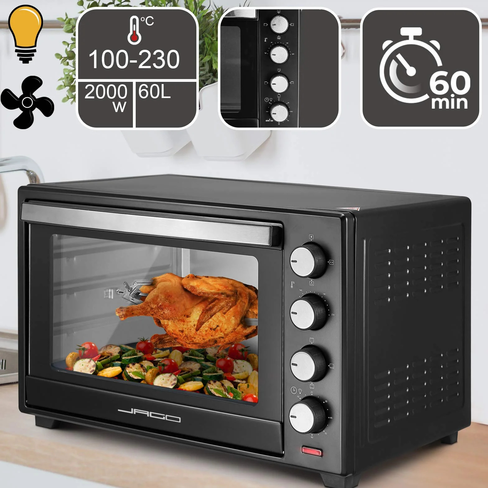 Jago® Mini piekarnik elektryczny z konwekcją, 60 litrów, 6 trybów, 100-230º, 2000 W, stal nierdzewna, przenośny, mini piekarnik elektryczny, mały, możliwy