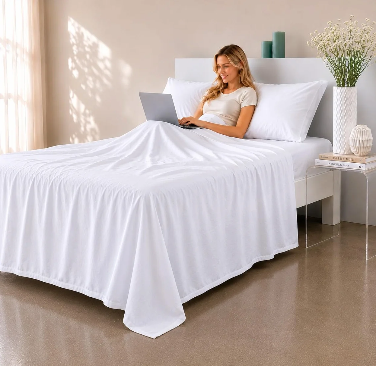 COTTON ARTean Zestaw pościeli 160 x 190/200 Egipska Satyna Bawełna DE 300 Liczba nici LEUNA Białe łóżko 160 + 2 poszewki na poduszki + prześcieradło z gumką