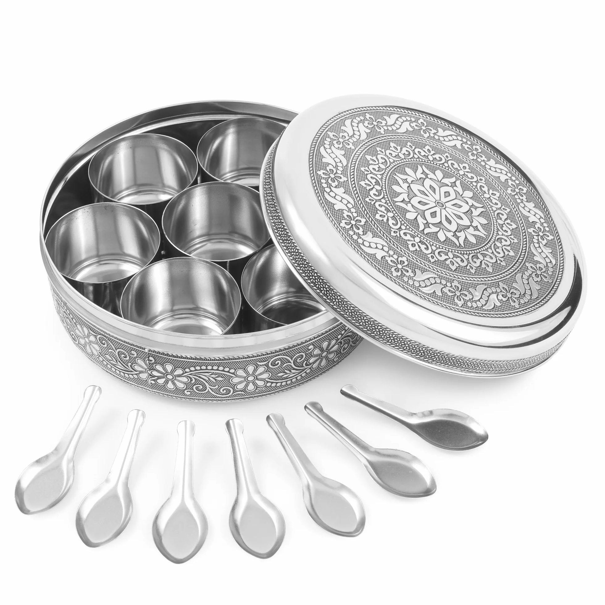 KSJONE Designerska Masala Dabba – 8-calowy pojemnik na przyprawy ze stali nierdzewnej, zawierający 7 oddzielnych pojemniczków i łyżeczki; indyjski organizer na przyprawy z pokrywką