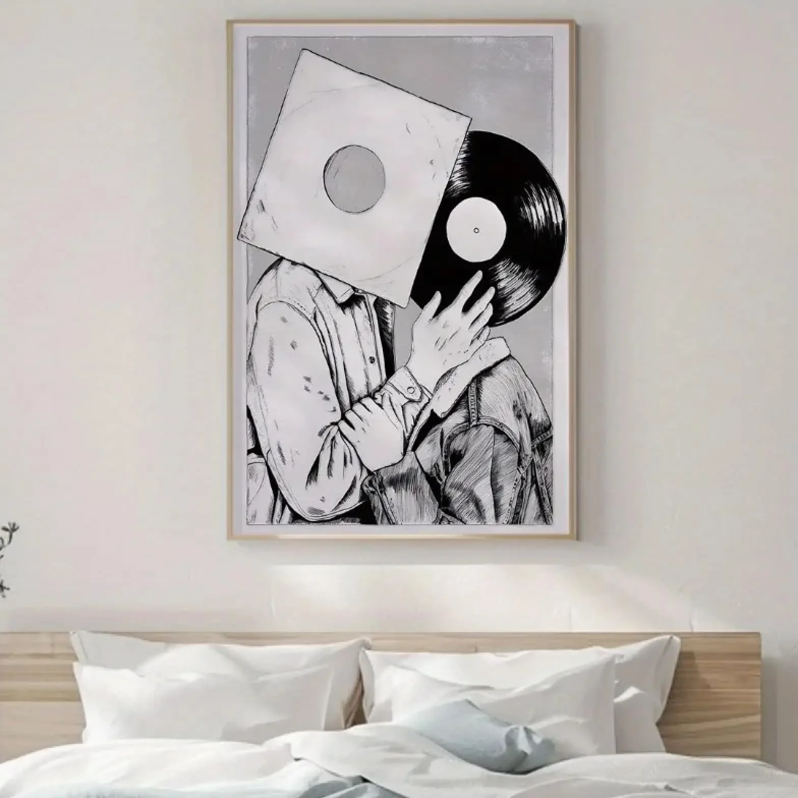 CAOXTART Druk na płótnie, czarno-biała płyta winylowa, nowoczesna dekoracja ścienna, plakat o tematyce miłości, dekoracja biurowa, ramka 60 x 80 cm