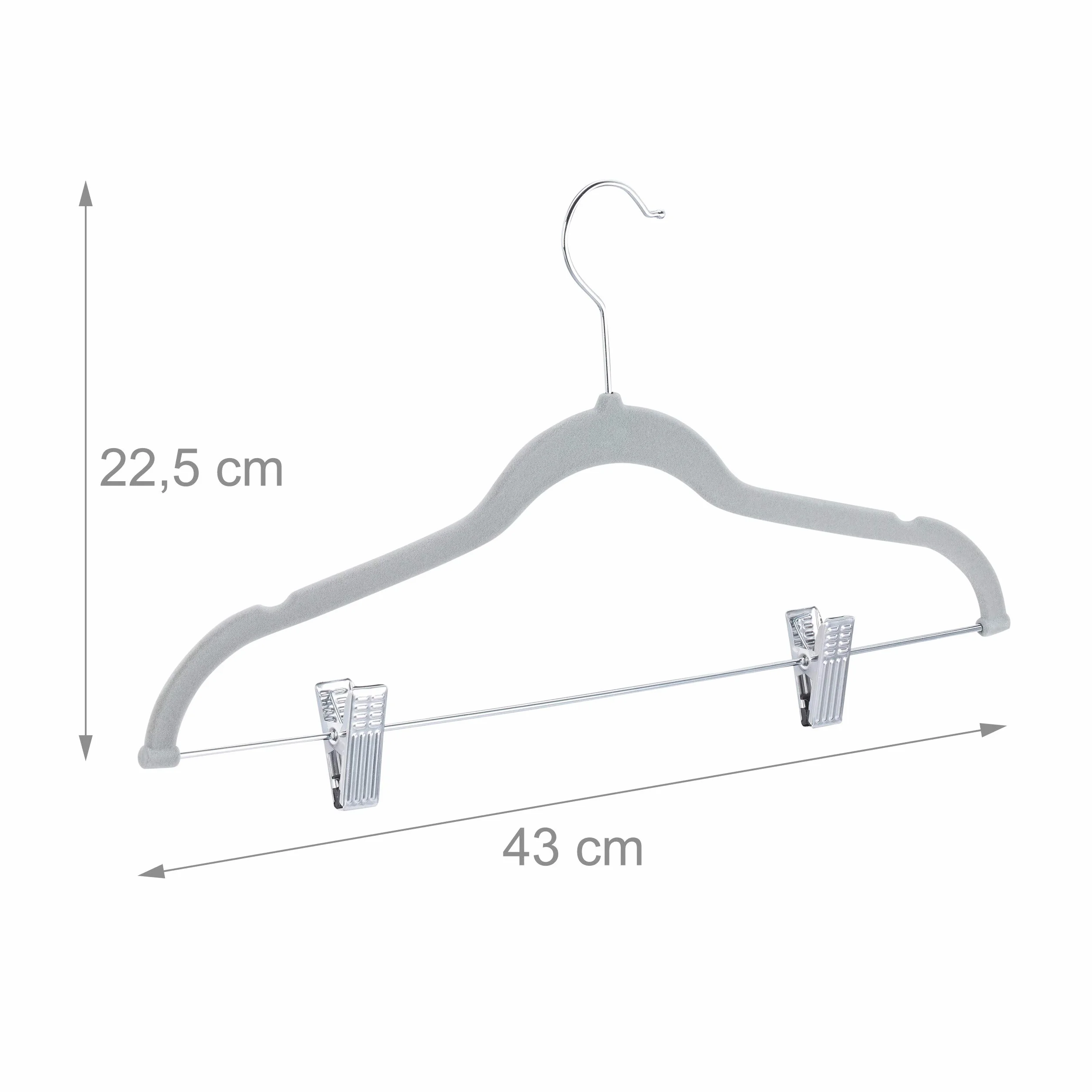 Relaxdays, Szare aksamitne wieszaki z klipsami zestaw 12 sztuk, hak obracany o 360°, wieszak na spodnie, antypoślizgowy wieszak na koszule, szerokość 43 cm, 10024379_111