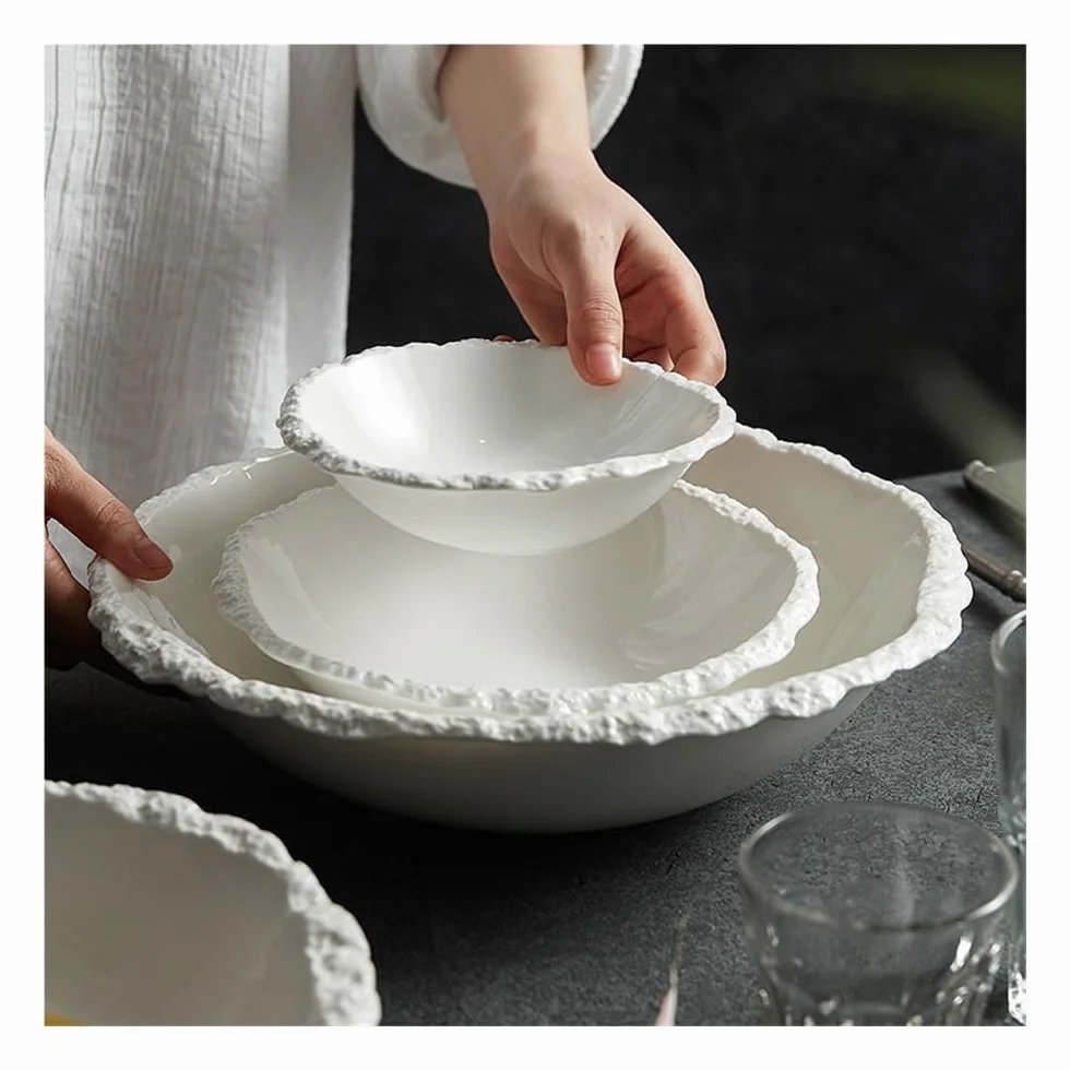 Talerze Obiadowe Prosta biała miska ceramiczna o teksturze skały - talerz obiadowy z zupą, sałatką i makaronem(26cm)