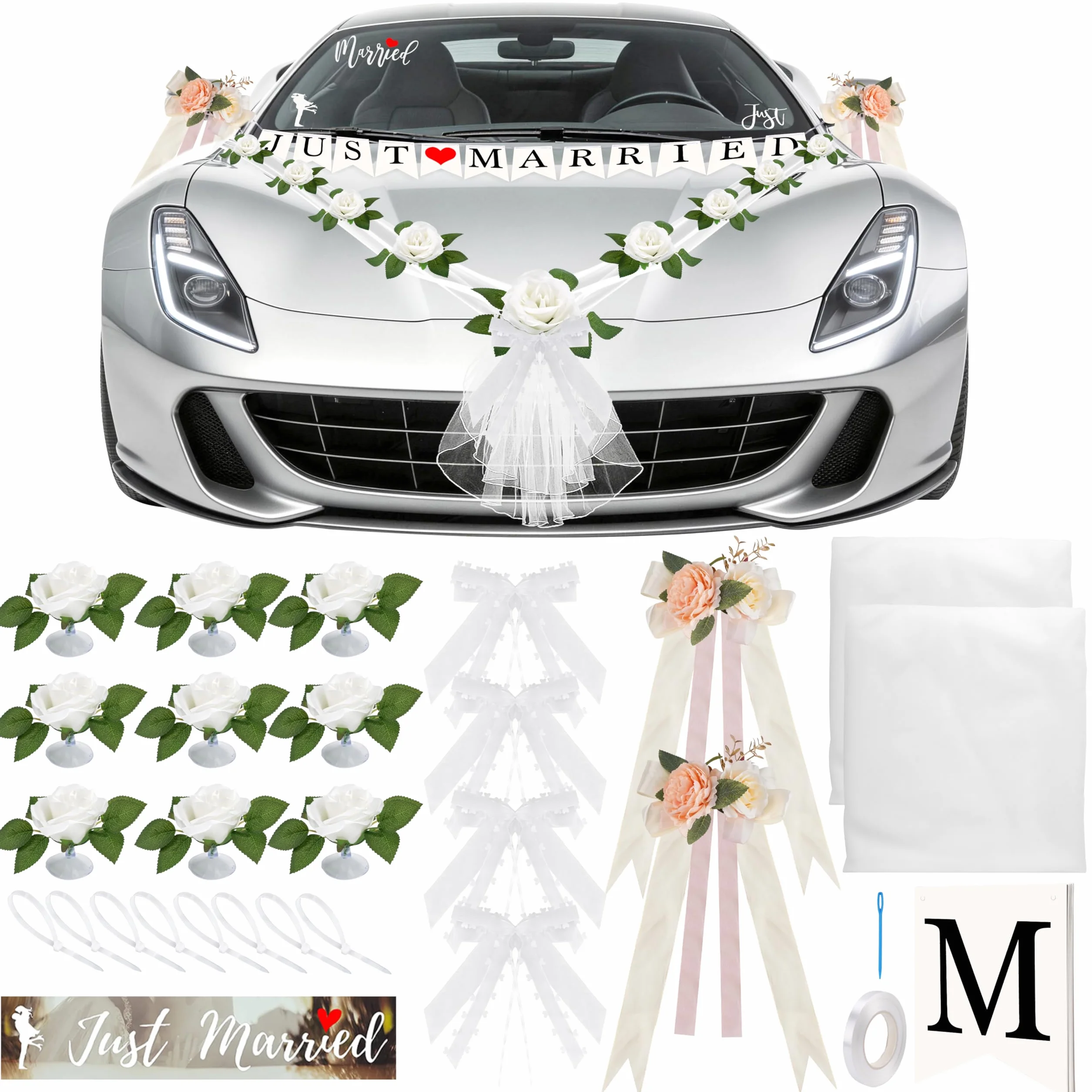 Ślubna ozdoba samochodowa (4 kokardy samochodowe na uchwyty + 2 weselne kokardki samochodowe + 2 x 180 cm girlanda z jedwabnymi kwiatami z 9 różami + naklejka Just Married i łańcuch
