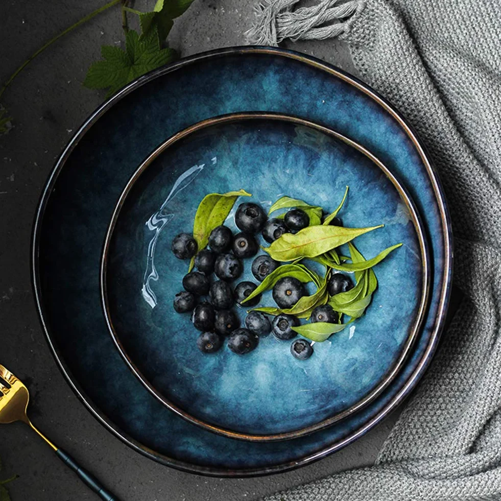 Niebieska ceramiczna miska do sałatek, retro japoński styl miska ramen, kreatywna zastawa stołowa miska na sałatkę owocową miska na zupę L