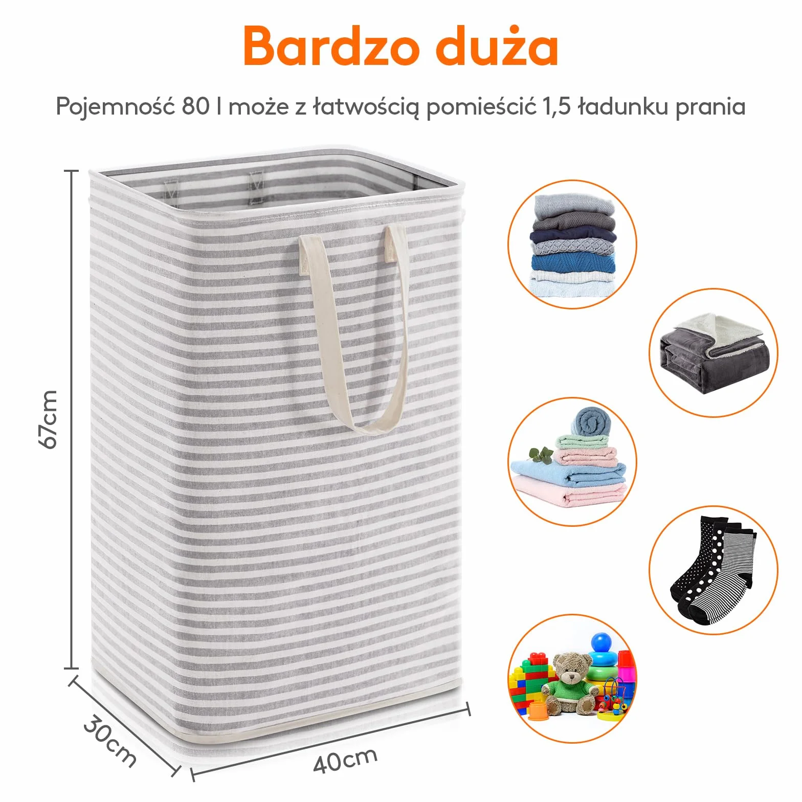 Lifewit Kosz na Pranie z Uchwytem, Duży Składany Wodoodporny Kosze Brudna Ubrania, Laundry Basket do Odzież, Sypialnia, Szary, 80L