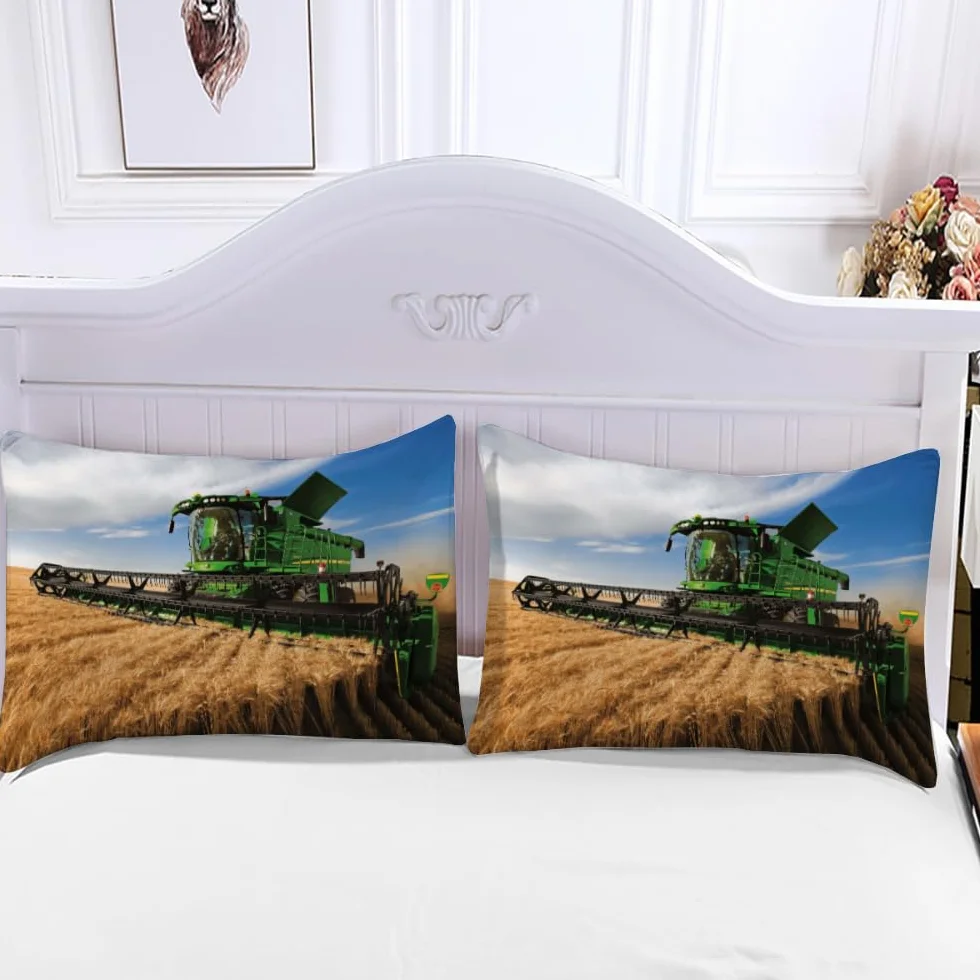 Zestaw pościeli 200 x 200 cm, 1-osobowa, ciągnik i kombajn, 3-częściowy zestaw do łóżeczka dziecięcego z 2 poszewkami na poduszki 50 x 75 cm, dla nastolatków, dzieci