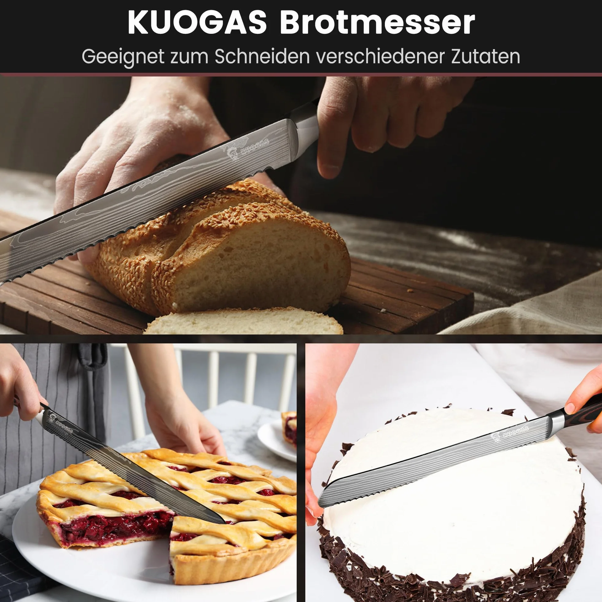 KUOGAS Nóż do chleba ze szlifem falistym 26 cm z wysokiej jakości stali nierdzewnej, bardzo ostre ostrze noża z ergonomicznym uchwytem z drewna Pakka