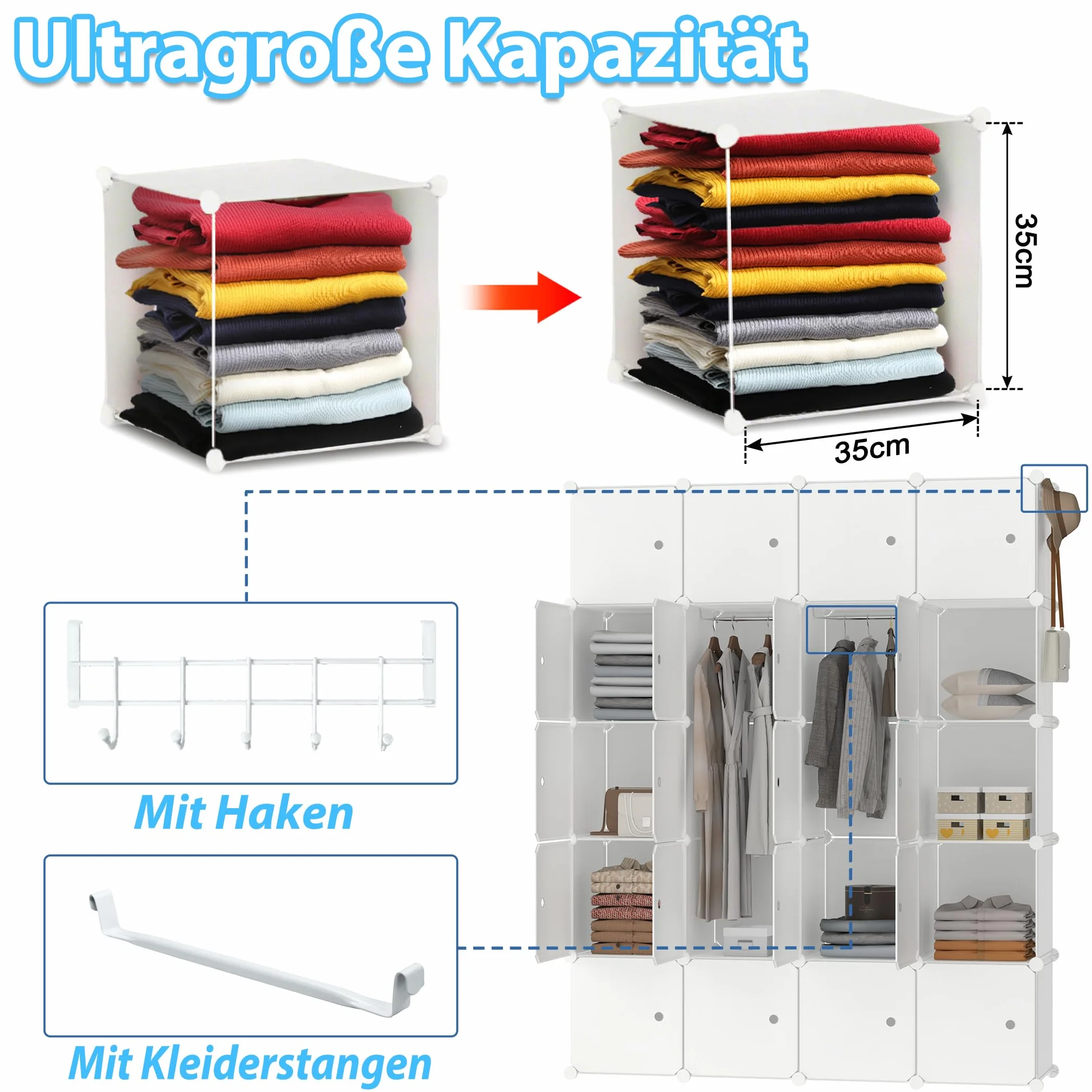 XMTECH System regałów "zrób to sam", szafa na ubrania z drzwiami, regał wtykowy, szafa na ubrania, szafa garderobiana, regał na buty z tworzywa sztucznego, kolor biały (20 pudełek