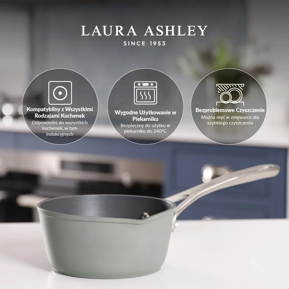 Laura Ashley 16cm Garnek do Mleka z Dziobkiem – 1,2 Litra Aluminiowy Mała Patelnia do Mleka, Bez PFOA/PFAS, Kompatybilny ze Wszystkimi Kuchenkami, Odporny na Pieczenie w Piekarniku i Mycie w Zmywarce
