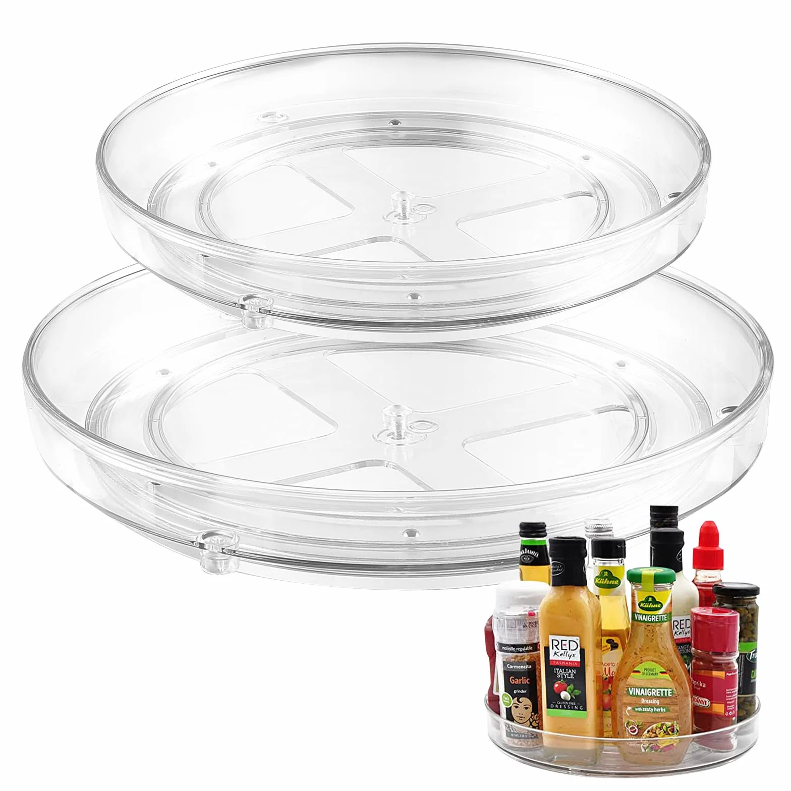 Lazy Susan talerz obrotowy do lodówki, 27 cm + 23,5 cm, talerz obrotowy, uchwyt na przyprawy, obracany o 360°, organizer kuchenny do przechowywania oleju, przypraw, dżemów, zapasów, 2 szt