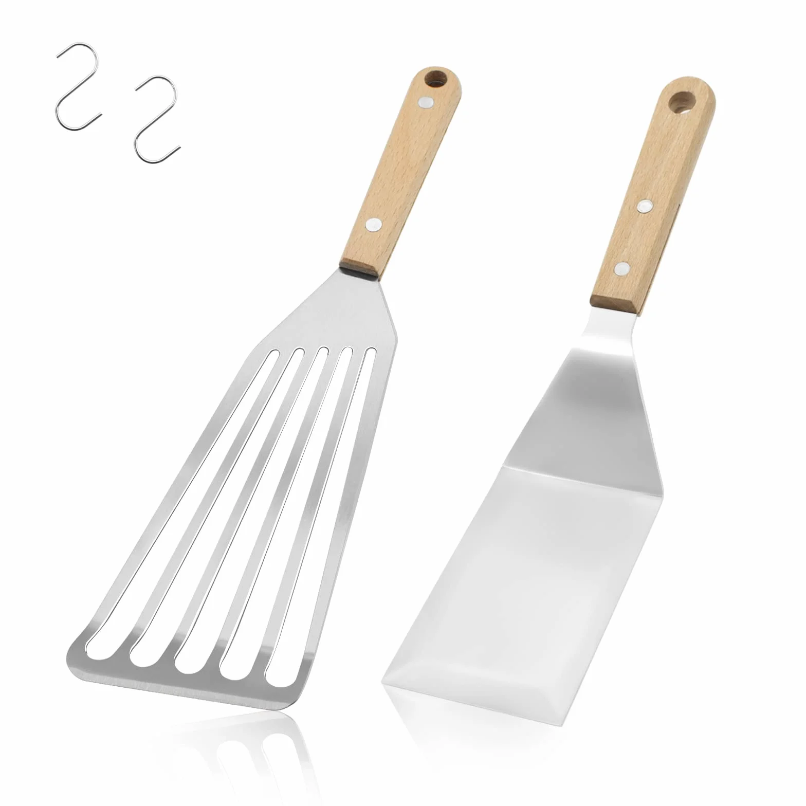 Łopatka do ryb - 2 szt., TACYKIBD, łopatka ze stali nierdzewnej z drewnianym uchwytem i haczykami, metalowa szpatułka 30 cm do odwracania podczas smażenia, grillowania, gotowania ryb, jajek, mięsa,