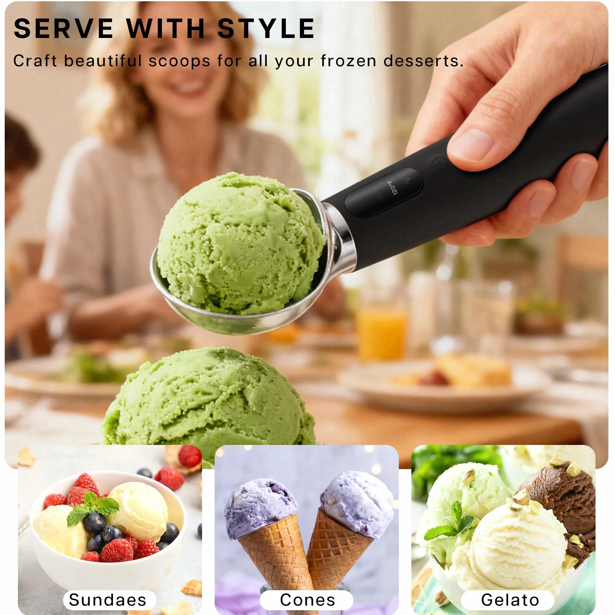 VRAIKO Heated Ice Cream Scoop | Warming Icecream Scooper with 3-Level Adjustable Heats - 120/140/160℉, LED Display, 2600mAh Capacity, Rechargeable | for Hard Ice Cream and More (Black)