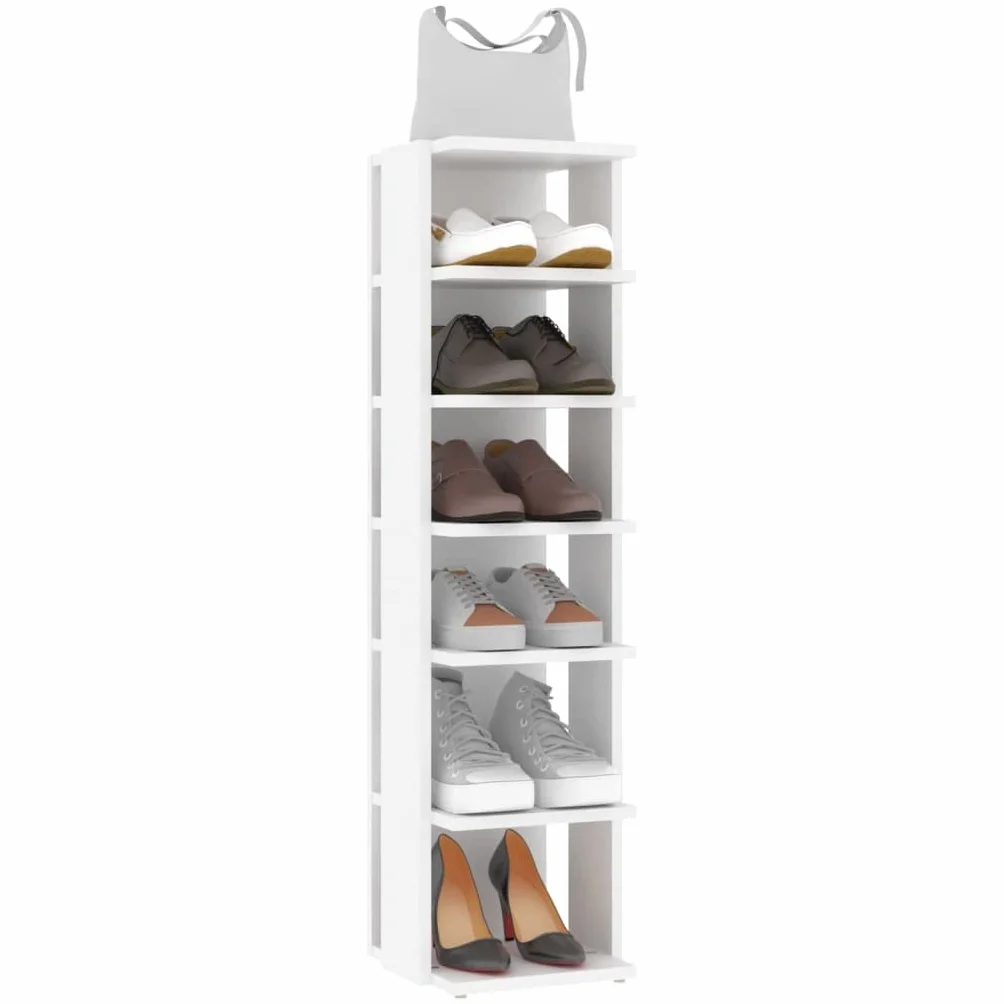 Szafka na buty, biała, 27,5 x 27 x 102 cm, materiał drewnopochodny z 6 półkami, organizer do przechowywania, regał na buty, komoda