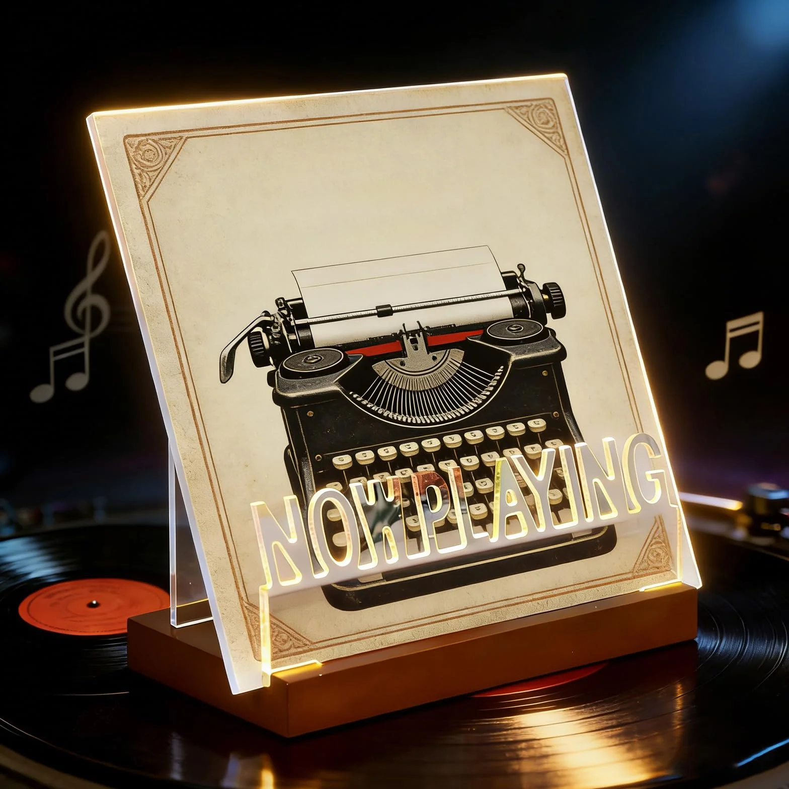 Now Playing stojak na płyty winylowe, drewniany, akrylowy uchwyt z ciepłymi białymi światłami, podświetl regał na płyty gramofonowe, teraz Playing Vinyl Record Stand do winylowych albumów i