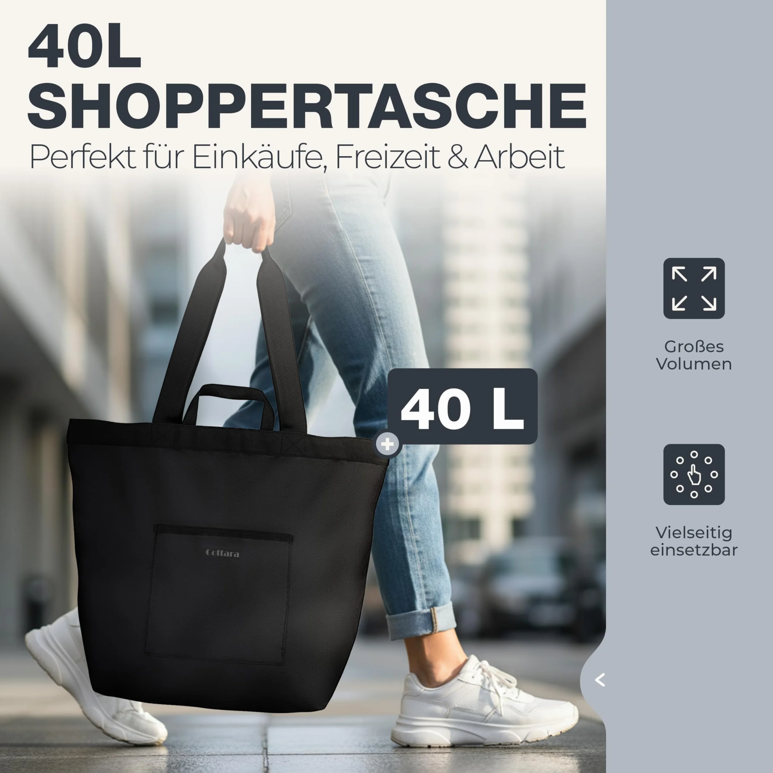 COTTARA® Torba na zakupy, składana, duża, z zamkiem błyskawicznym, wzmocnionym dnem i wodoodpornym materiałem, idealna jako torba rekreacyjna, torba na zakupy lub torba kąpielowa, czarna, 40 l