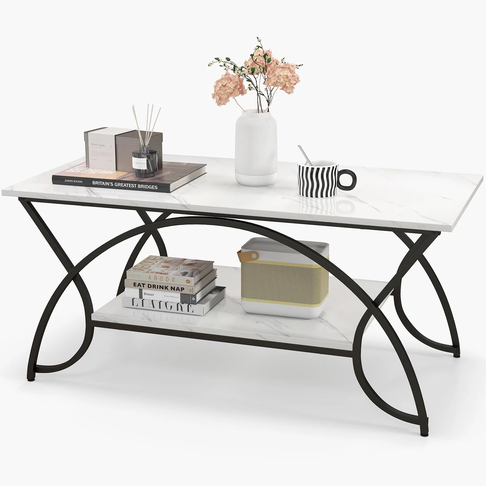 GIANTEX Stolik kawowy marmurowy czarny 100 x 50 x 45 cm metalowe nogi 2 półki