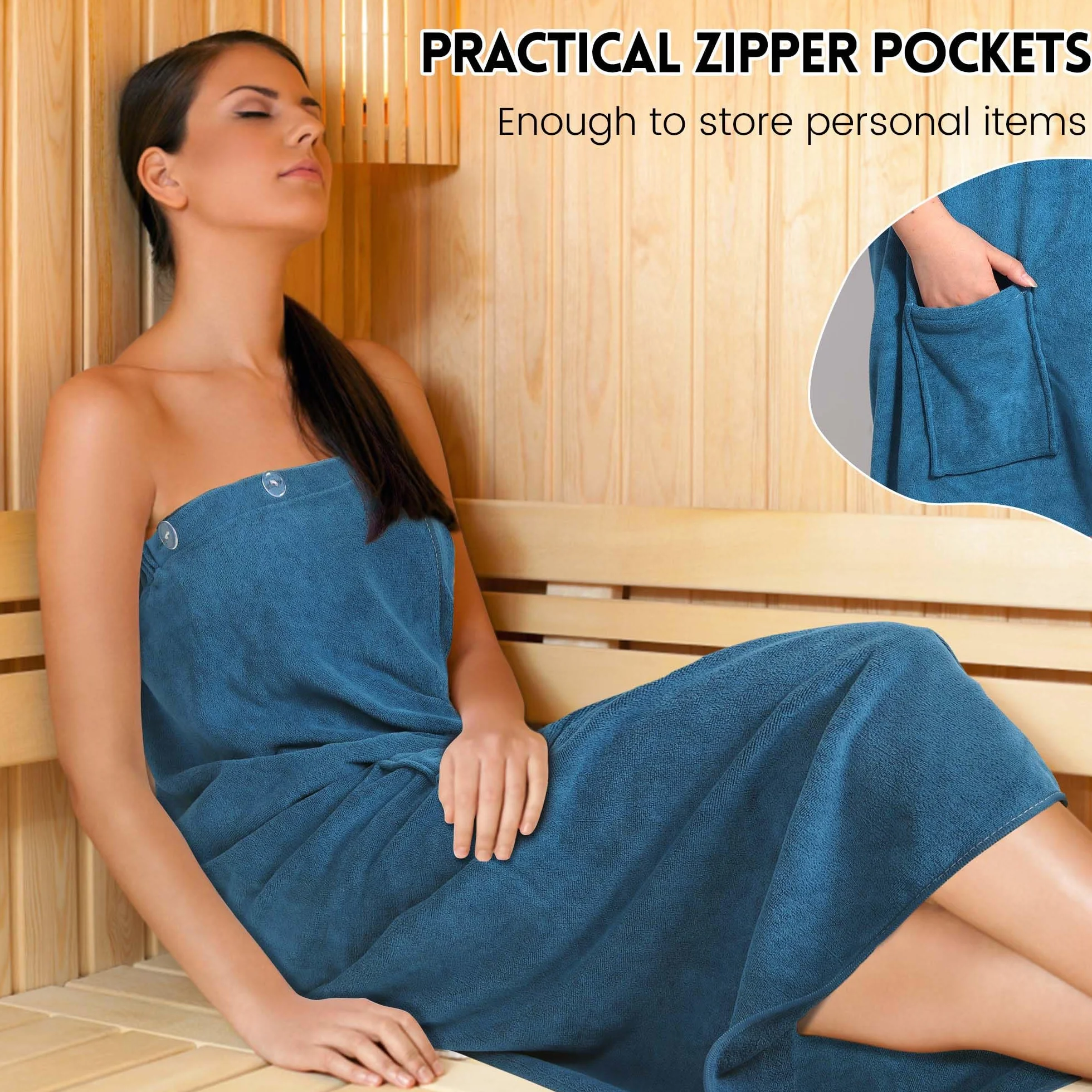 Damski kilt do sauny z mikrofibry 400 g/m² z kieszeniami i guzikami (jasnoniebieski)