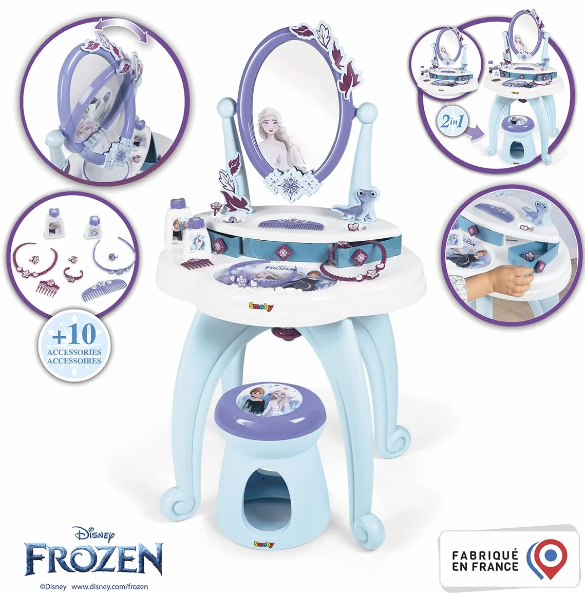 Smoby 7600320244 Kraina Lodu Toaletka 2w1, salon fryzjerki, stolik z lustrem Elsa, taboret, 10 akcesoriów, 49x36x87 cm