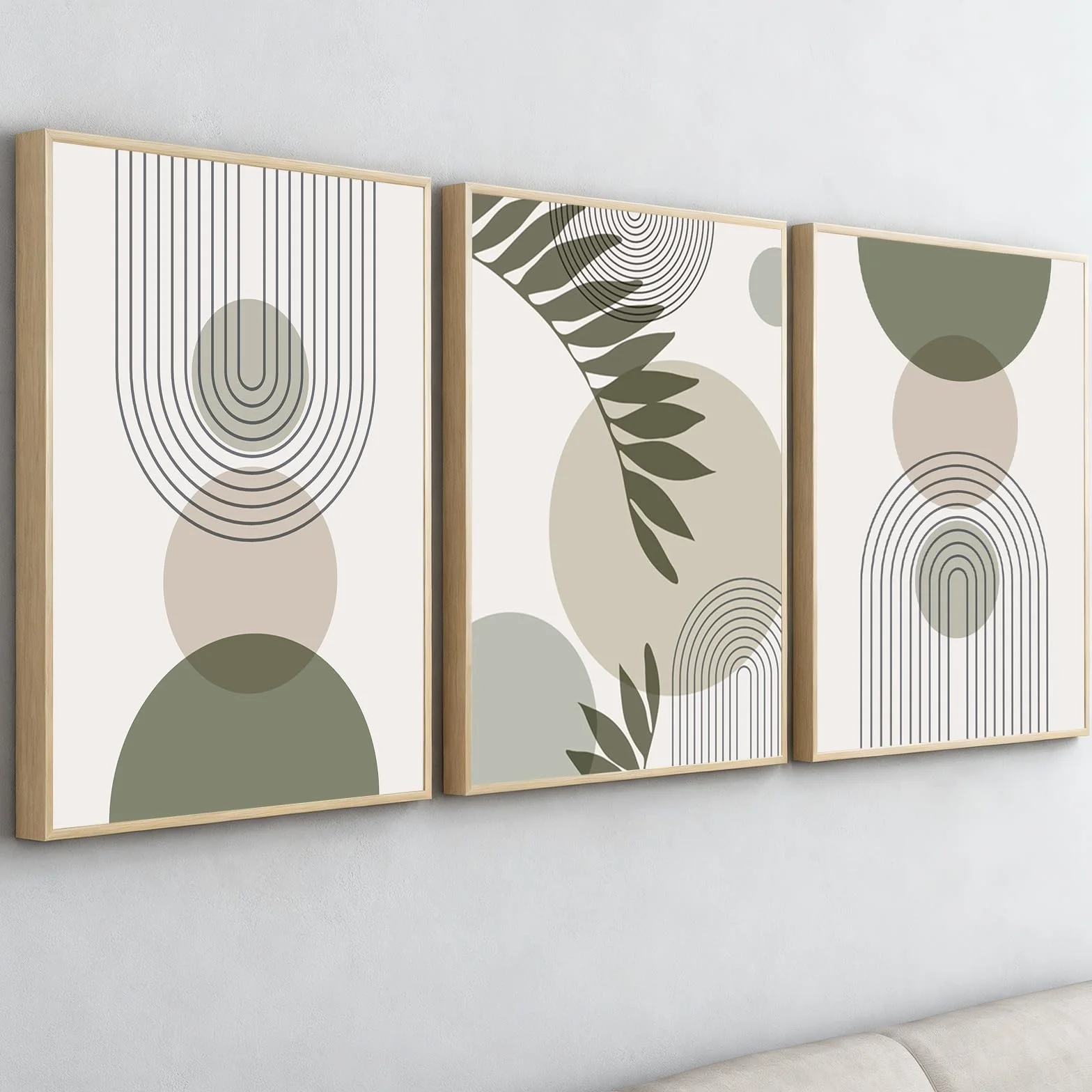 PWAAHDC Zestaw obrazów na płótnie w zieleni szałwiowej z ramą - zestaw 3 - duże abstrakcyjne obrazy boho do korytarza, schodów, sypialni i salonu - 40x60 cm