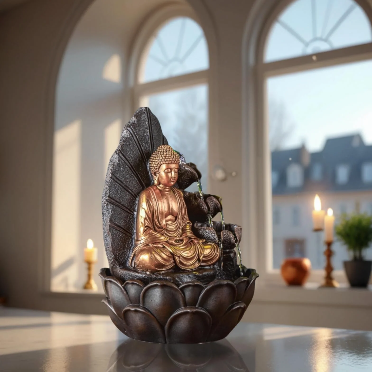 ZEN'LIGHT, Budda Hartha Fontanna, Zen i Feng Shui, oryginalny prezent Budda - wielokolorowe oświetlenie LED, cicha pompa, szer. 27 x szer. 27 x wys. 40 cm
