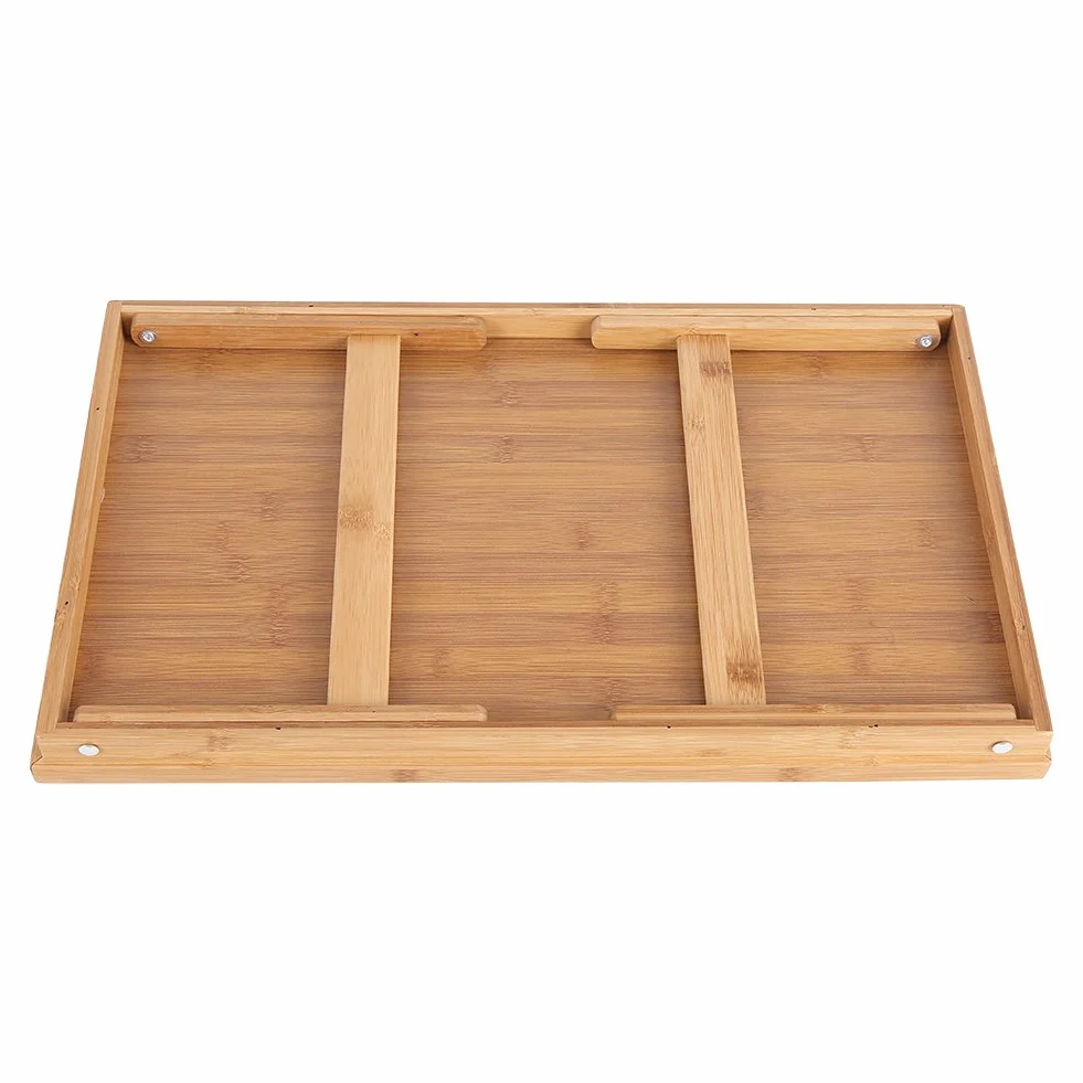 Taca na łóżko z drewna bambusowego, ze składanymi uchwytami i nogami, podwyższona krawędź, taca śniadaniowa Stolik śniadaniowy, 63 x 27,3 x 22,5 cm