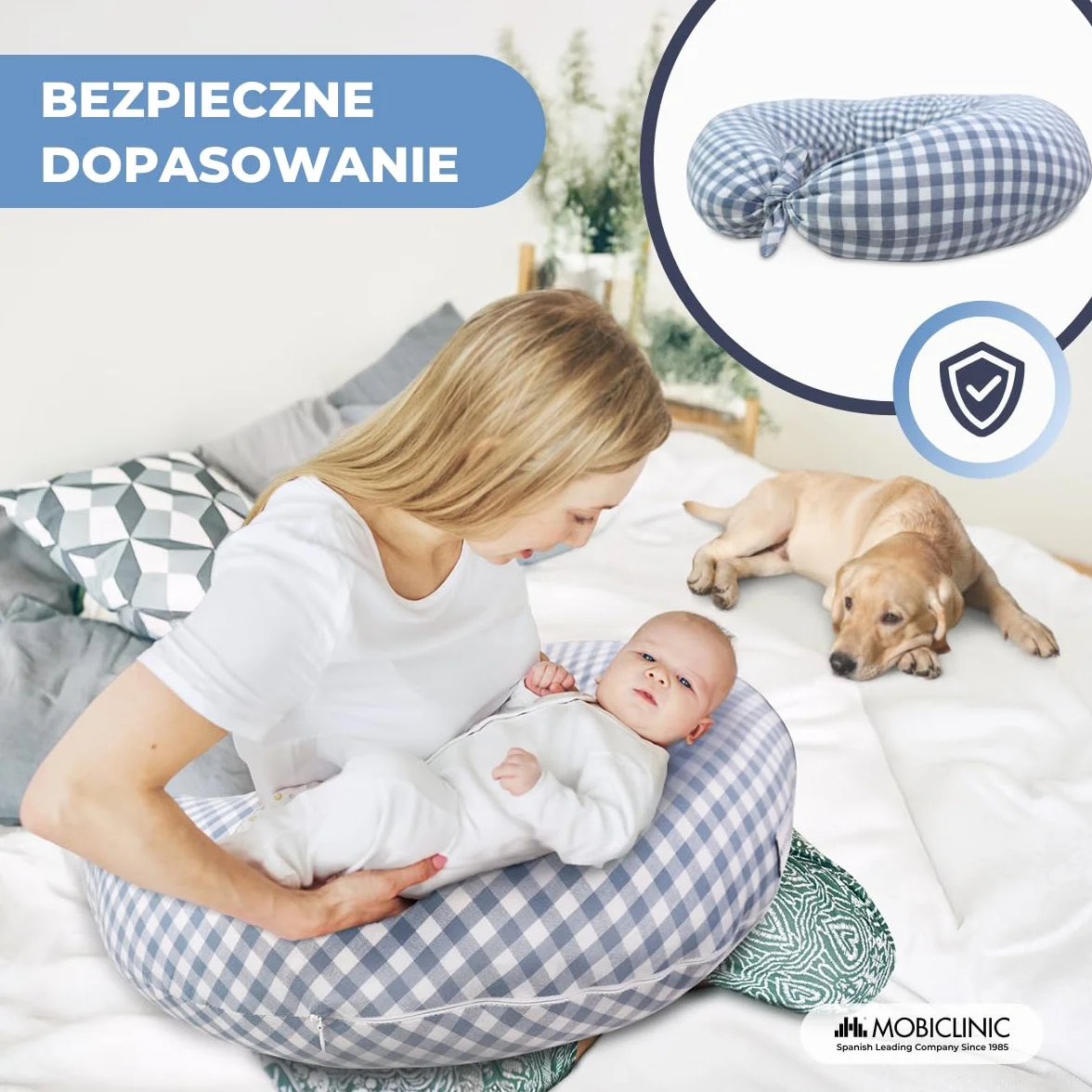 Mobiclinic®, Poduszka do Karmienia Piersią XXL, 3 w 1, Poszewka 100% Bawełny, 150 Cm, Regulowane Paski, Wielofunkcyjna, Aura, Zdejmowana i Nadająca się do Prania, Wielopozycyjna, Nadruk Vichy