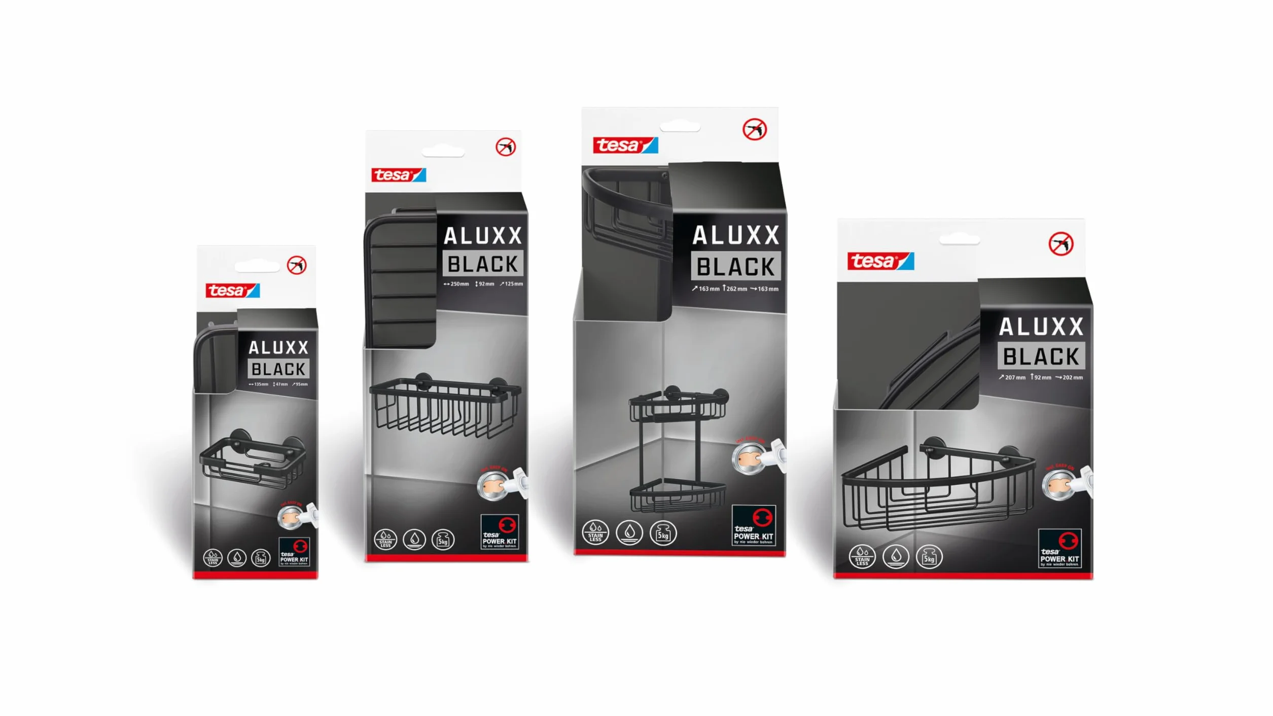 tesa Aluxx Black Mydelniczka Ścienna, Czarny Mat, do Łazienek, w Stylu Industrialnym, Montaż na Masę Klejącą, 135 mm x 46 mm x 95 mm