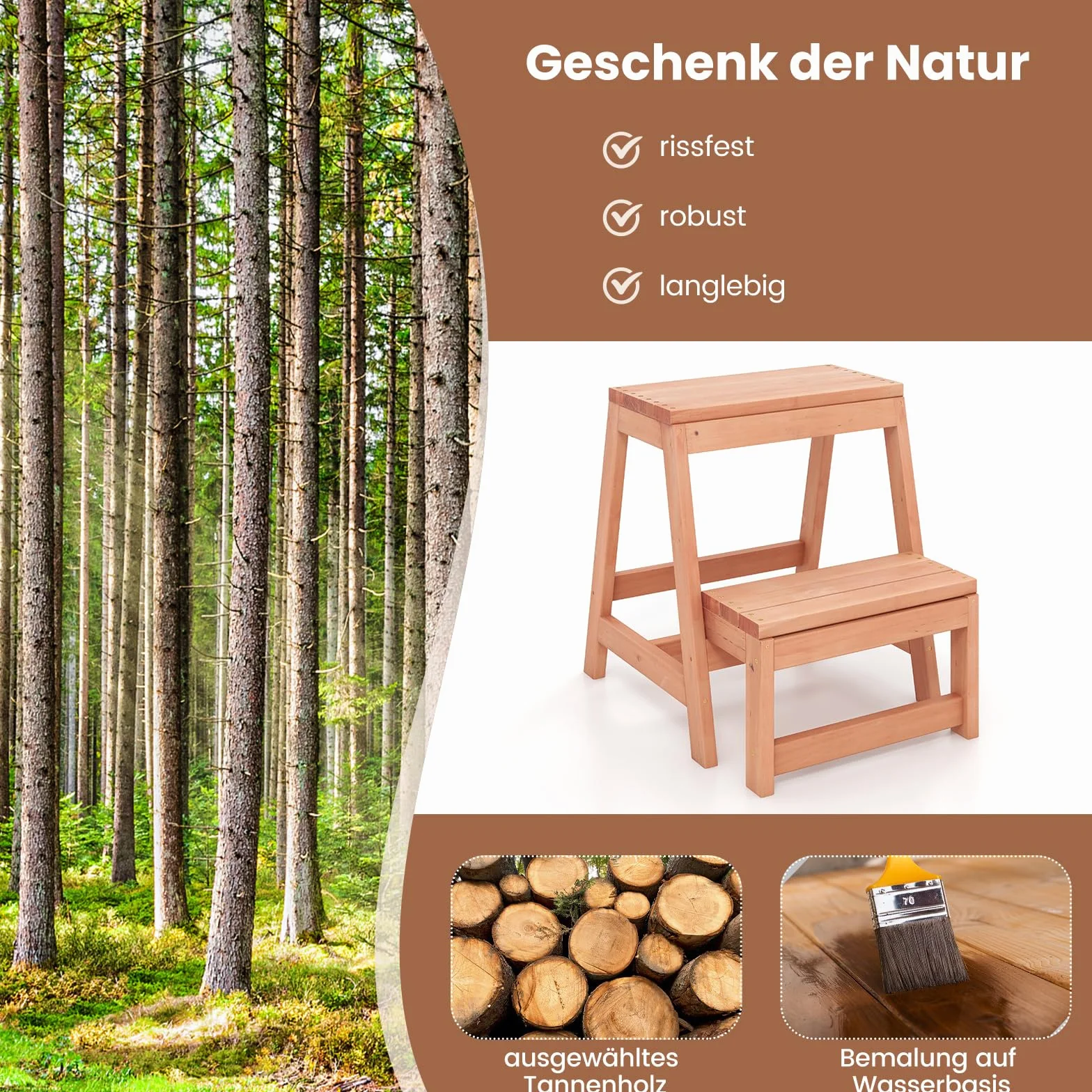 COSTWAY 2-stopniowy taboret składany, krzesło drabinkowe, obciążenie do 250 kg, drabinka z drewna świerkowego, drabina domowa, naturalna drabina do bibliotek lub domu, 50 x 39 x 45 cm