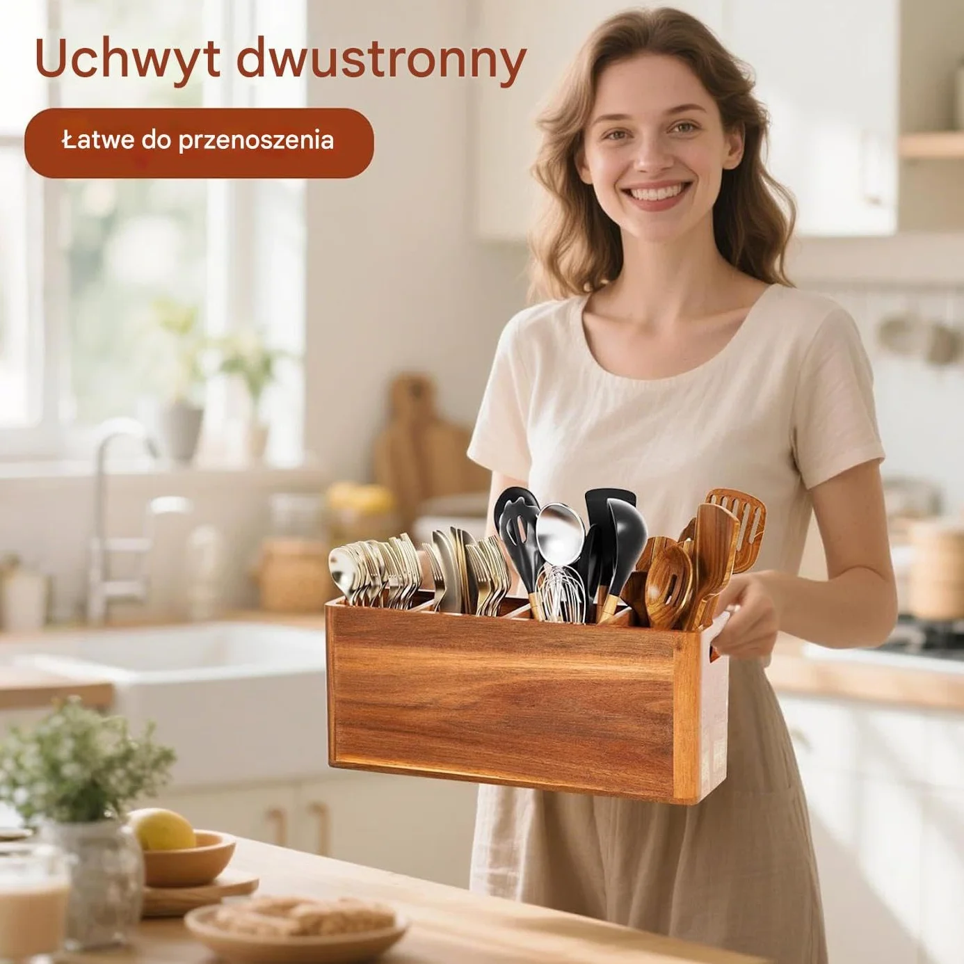 Organizer Na Przybory Kuchenne Na Blat z Otworami Suszącymi Pojemnik na | Drewniany Organizer Na Przybory Do Kuchni Do Łyżek, Łopatki, Sztućce, Domu, Restauracji, Szafki,