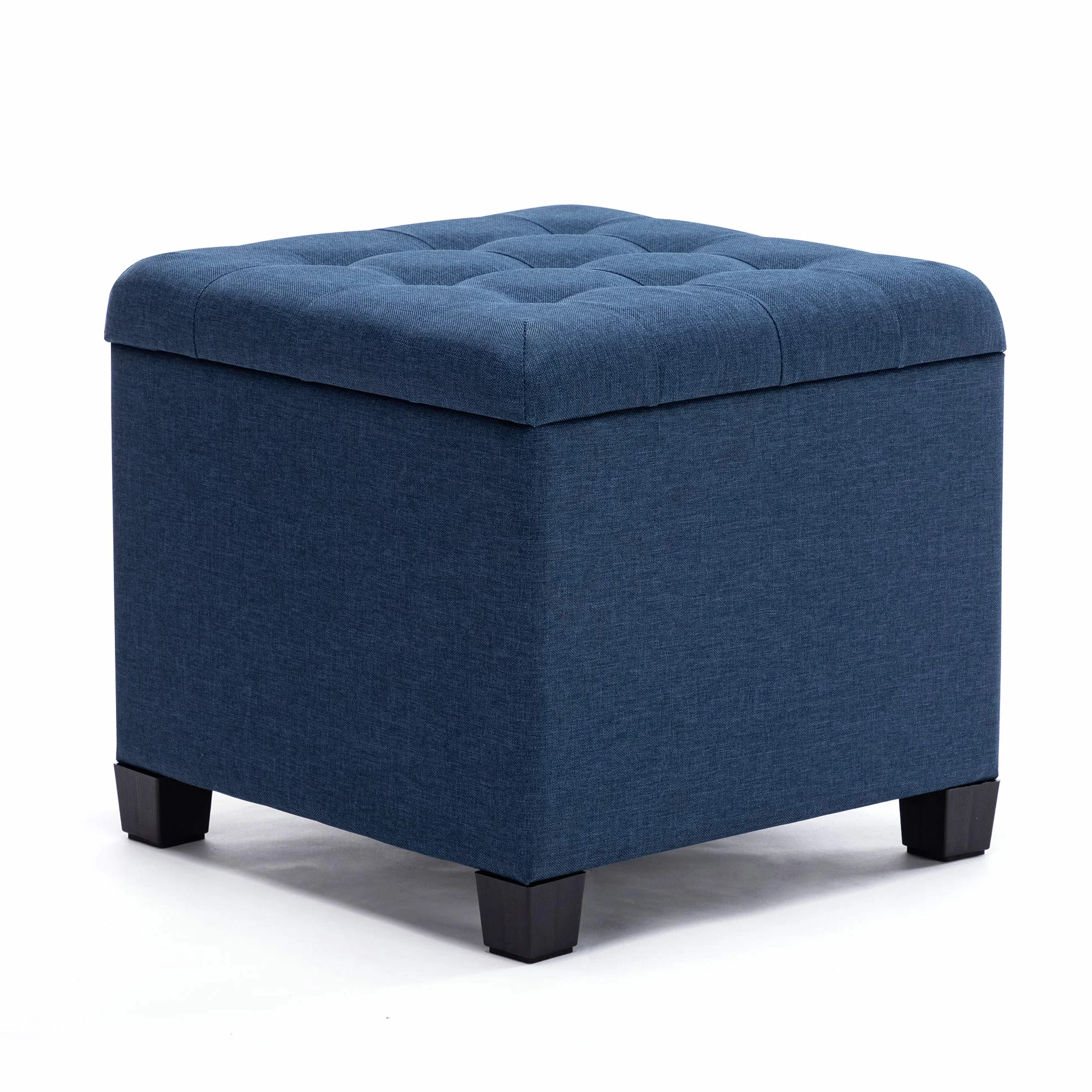 HNNHOME Kostka lniana pufa z pudełkiem do przechowywania i ramą z litego drewna, do salonu toaletki i sypialni z pokrywką, granatowa, 45 cm