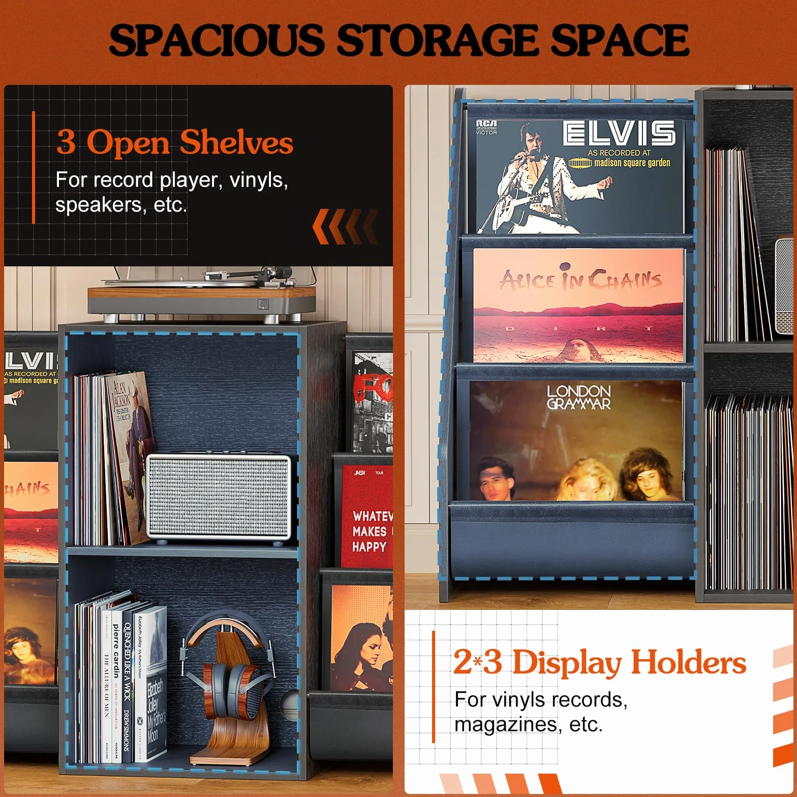 Bikoney Stojak na Gramofon z Półką na Winyle – Szafka Pod Gramofon z Miejscem na 300 Płyt, Konsola Multimedialna z Półką na CD do Winyli, Stereo i Gramofonów (Vintage Czarny)