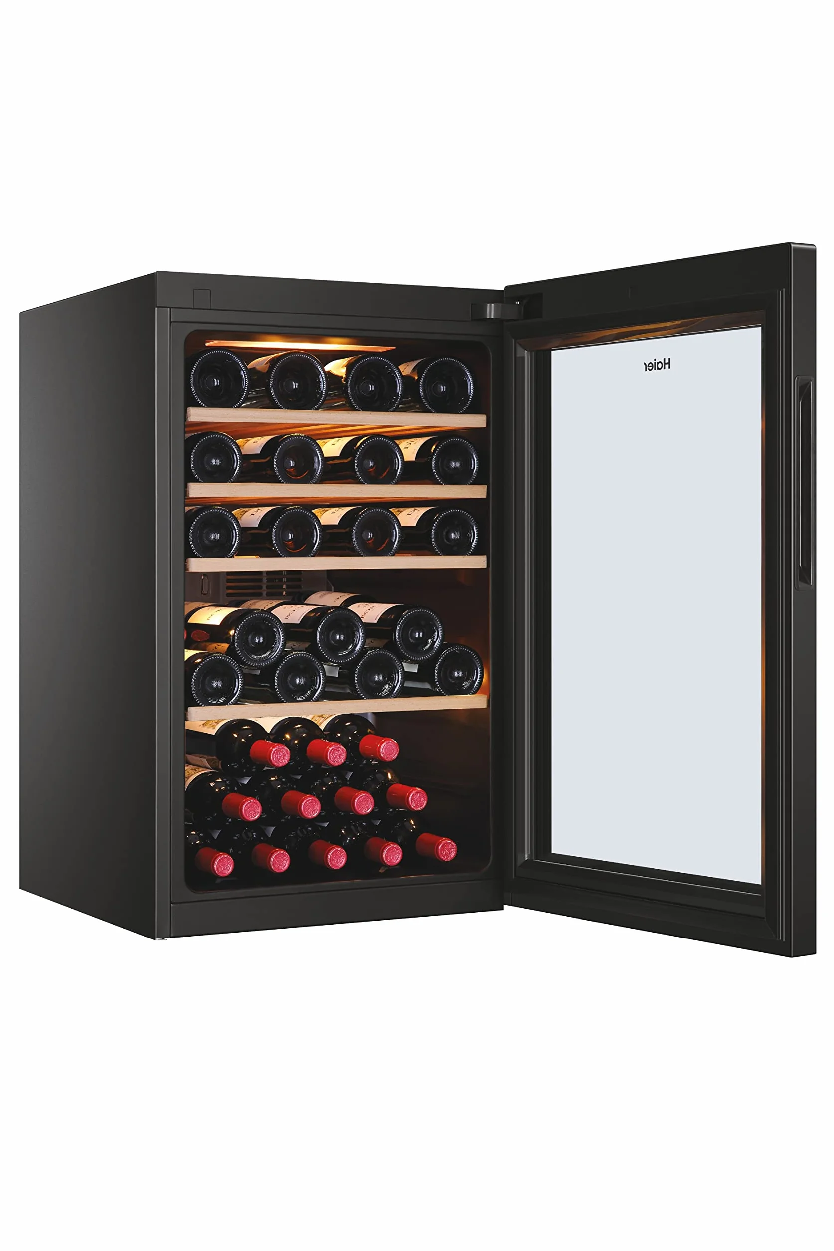 Haier HWS49GA Stojak na wino 49 butelek App hOn szkło anty-UV drewniane półki LED klasa F 49,7x58,5x82 cm czarny