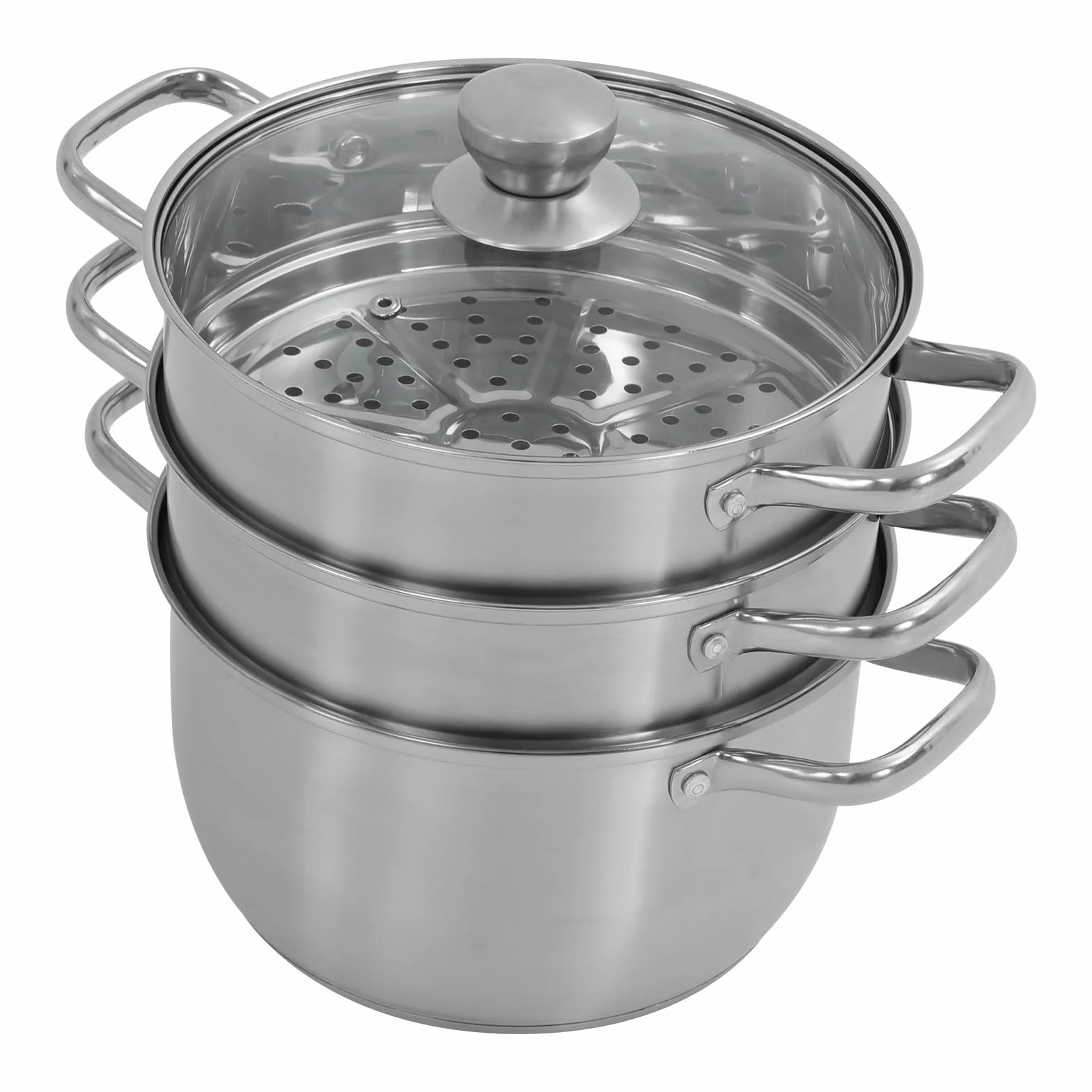 3-poziomowy parowar, zestaw ze stali nierdzewnej z dwoma wkładami parowymi, 1,2 l, 20 cm, nadaje się do mycia w zmywarce, garnek do gotowania na zupie, garnek do gotowania ze szklaną pokrywą, parowar,