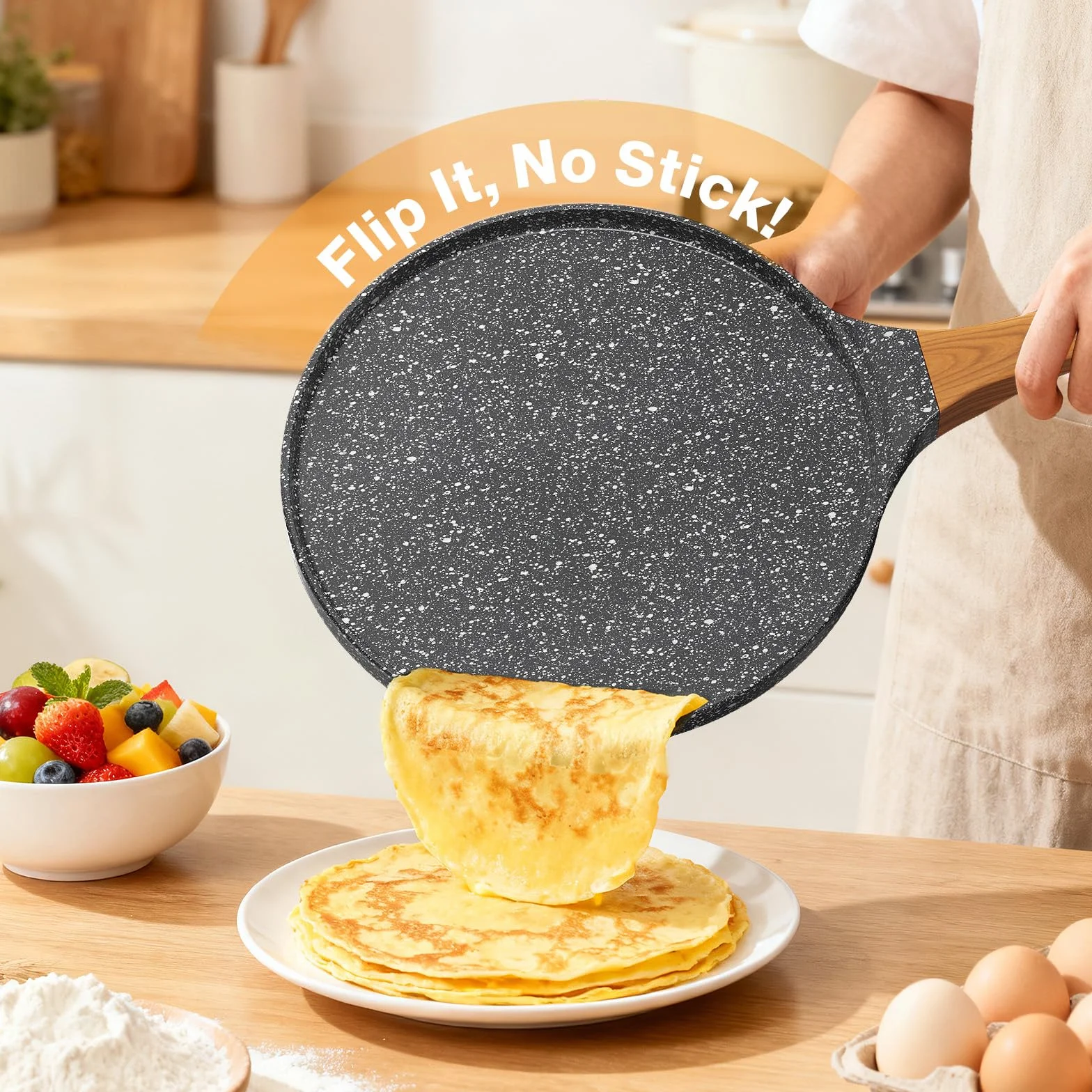 YASHE Nieprzywierająca patelnia do naleśników 26 cm, kompatybilna z indukcją, z drewnianą szpatułką, łatwa do czyszczenia, idealna do naleśników, naleśników i omletów