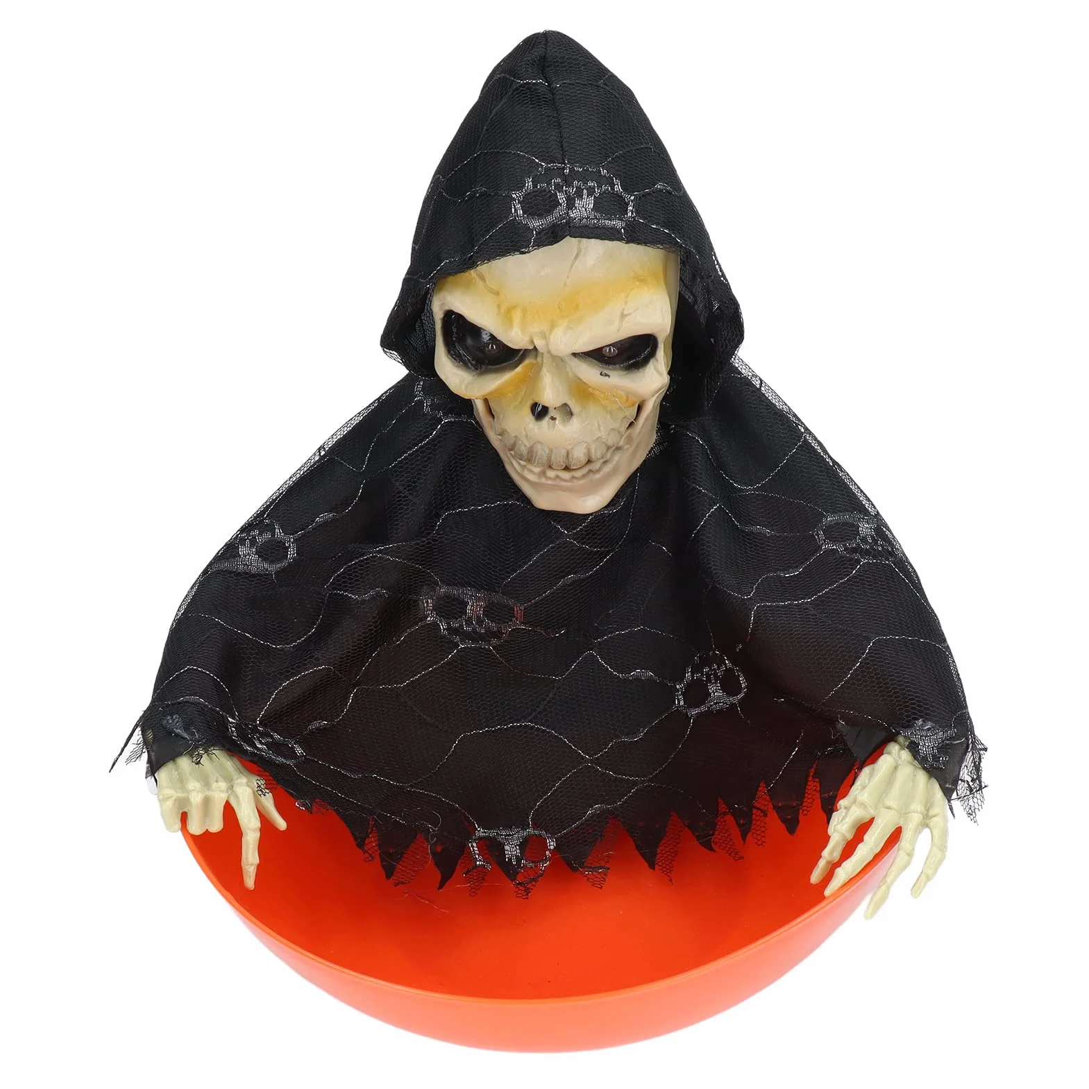 Halloween Candy Bowl z ruchomymi animowanymi cukierkami szkieletowymi, krzyczącym uchwytem na czaszkę i świecącymi oczami dla przerażającego wystroju