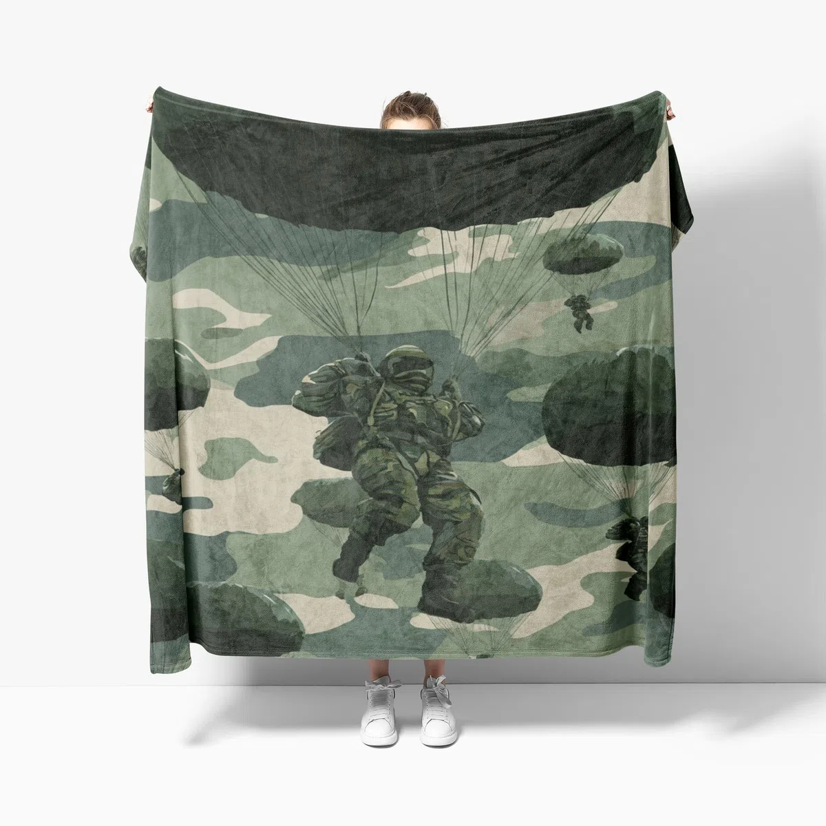Koc flanelowy z polaru Super King 180 x 220 cm, nie gubi włosia, wojskowy kamuflaż, spadochroniarstwo, przytulny, lekki koc na kanapę, łóżko, dekoracja, miękki, ciepły, wojskowy zielony koc na sofę