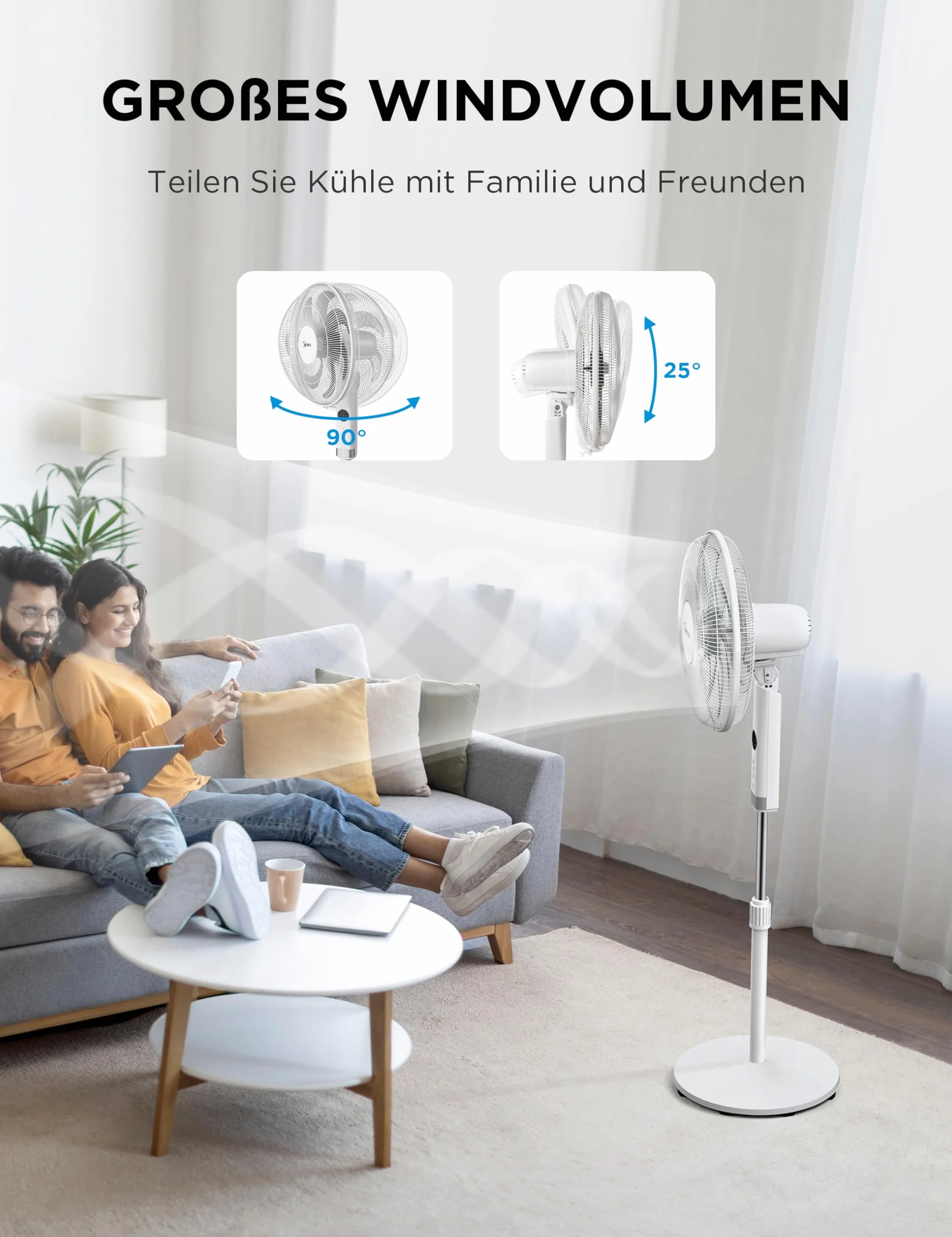 Midea MFS400R0APW 50W cichy wentylator podłogowy, 3 regulowane prędkości, 7 bionicznych łopatek, oscylacja 90°, timer 7H z pilotem zdalnego sterowania, wyświetlacz LED, mocny silnik AC, biały